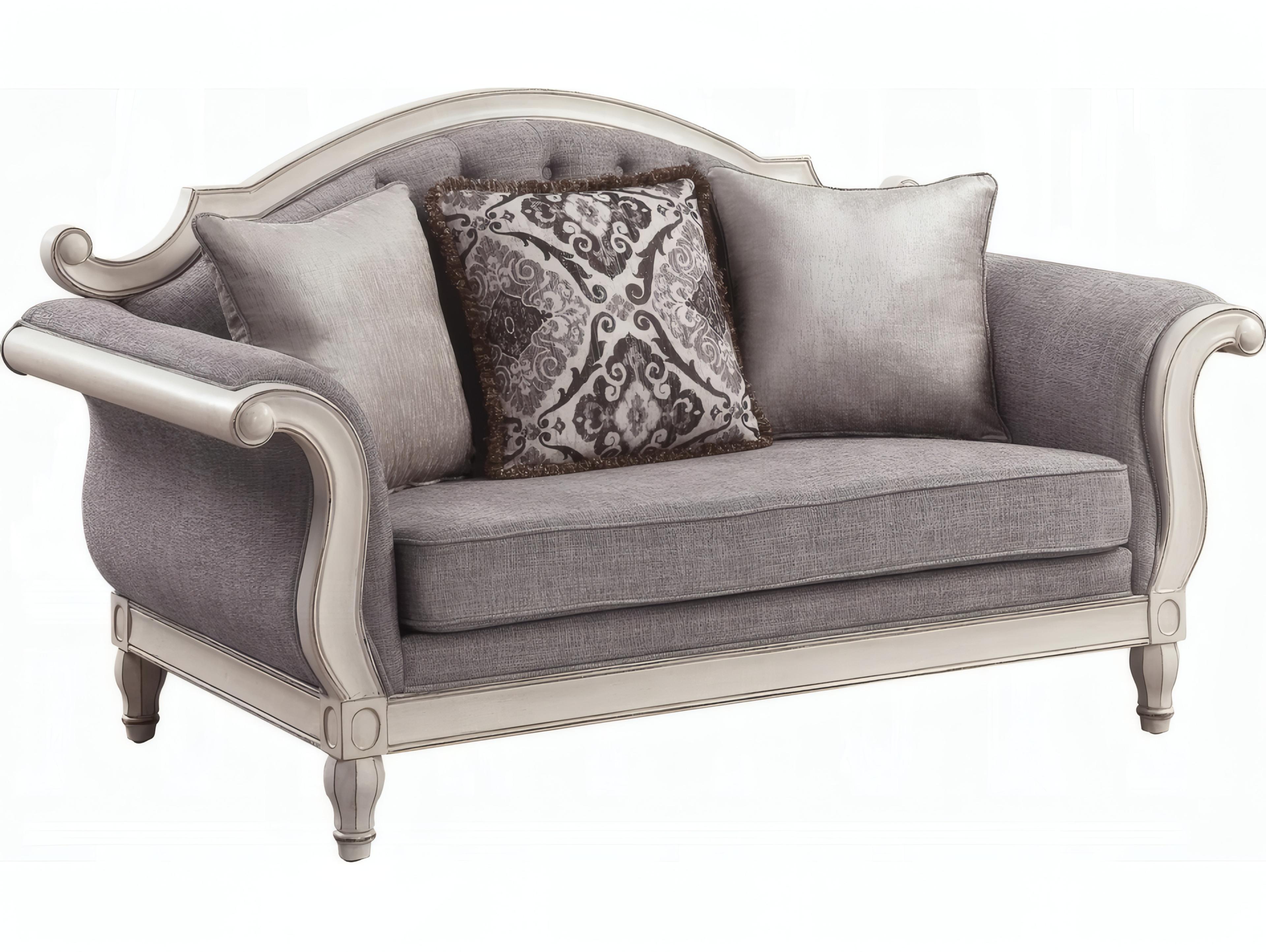Acme Furniture Florian Gray Fabric Antique White Upholstered Loveseat