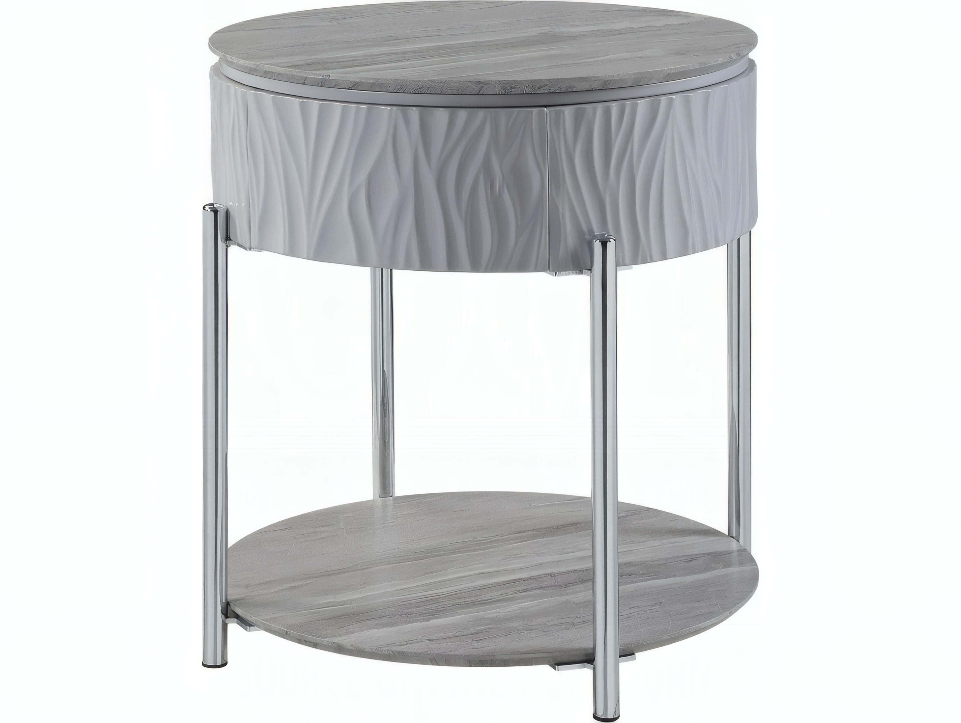 Acme Furniture Yukino Round Wood Gray High Gloss Chrome End Table