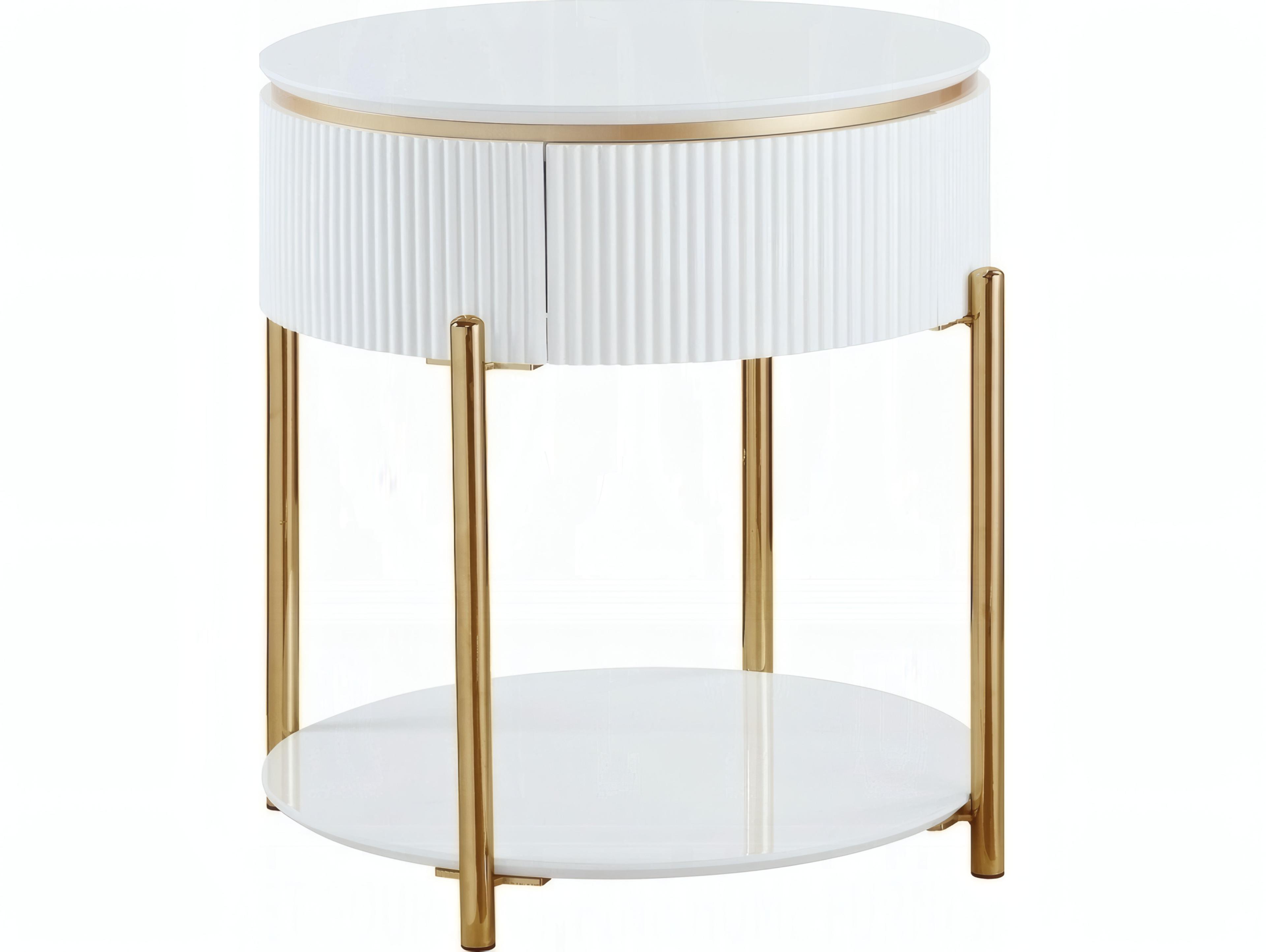 Acme Furniture Daveigh Round Wood White High Gloss Gold End Table