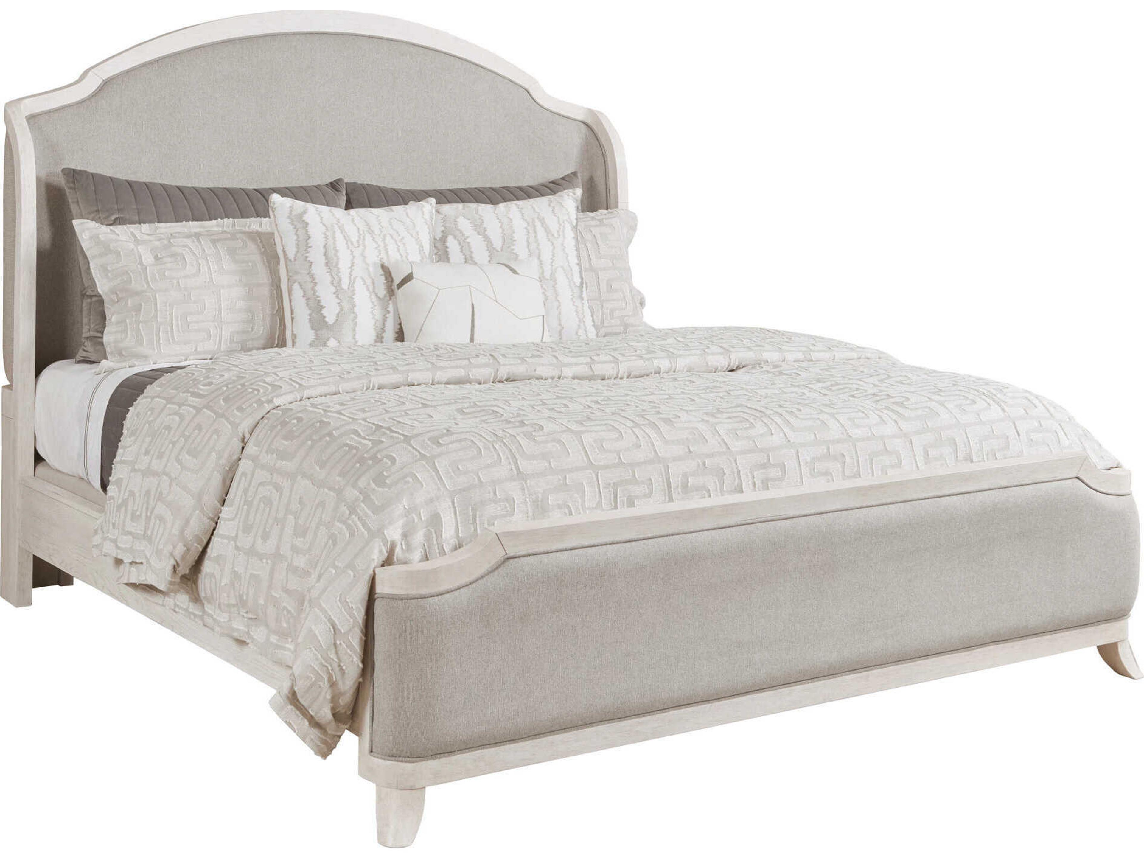 American Drew Harmony Carlyn Eggshell Gray Oak Wood Upholstered King Panel Bed