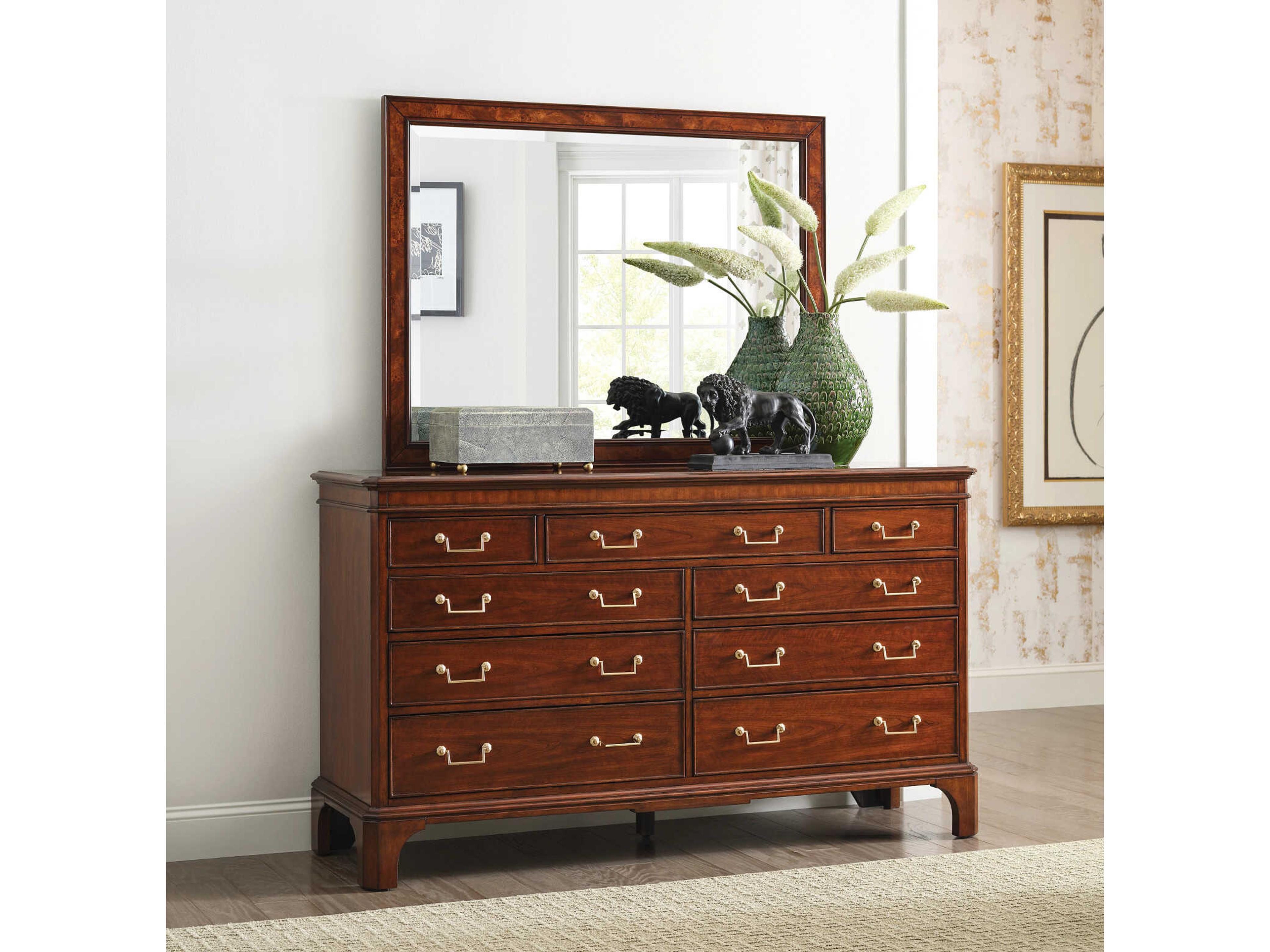 American Drew Addison Brown Cherry Wood Double Dresser with Mirror
