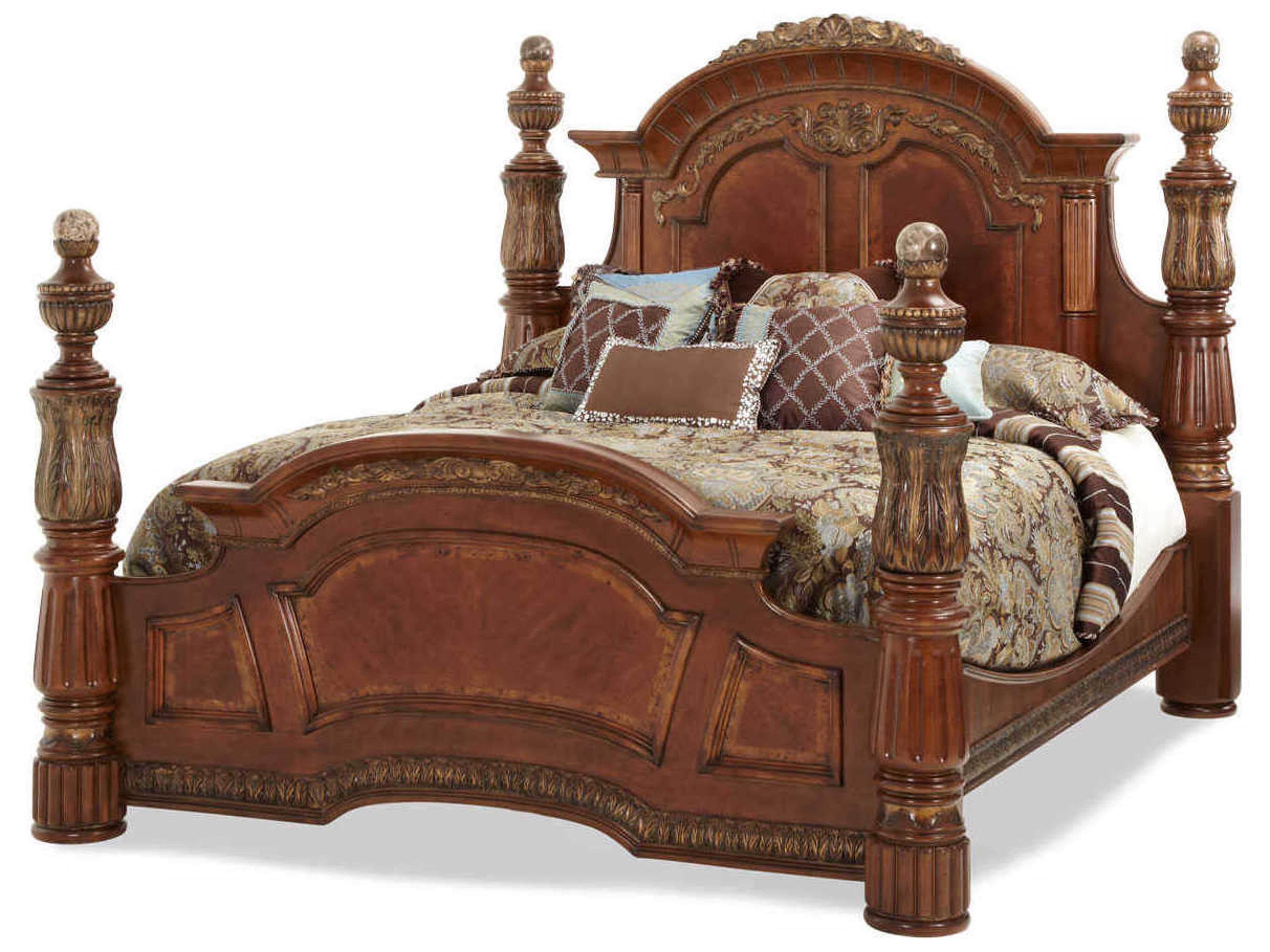 Michael Amini Villa Valencia Classic Chestnut Brown Birch Wood California King Poster Bed