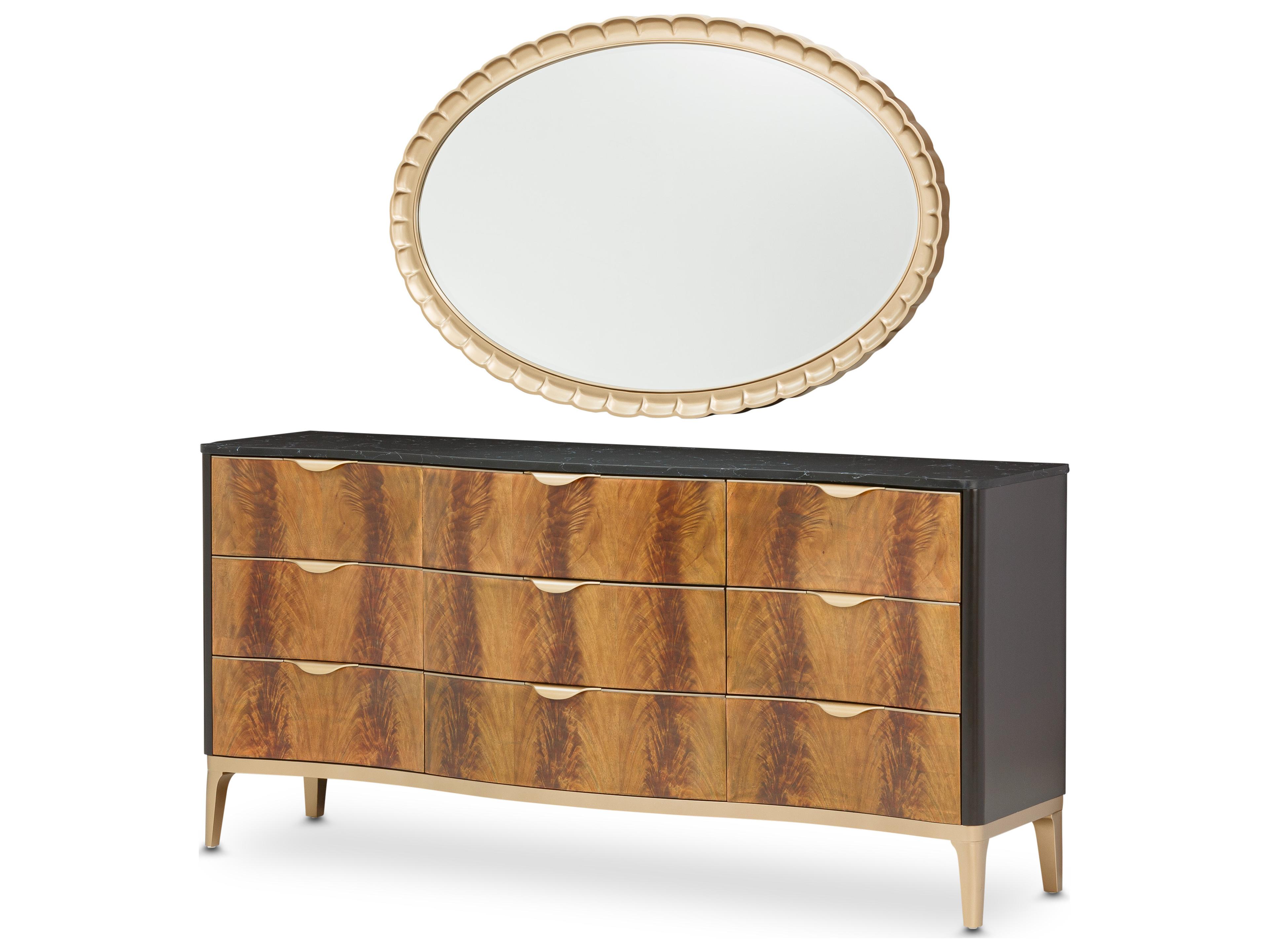 Michael Amini Malibu Crest - Mahogany Brown Cherry Wood Dresser with Wall Mirror Set