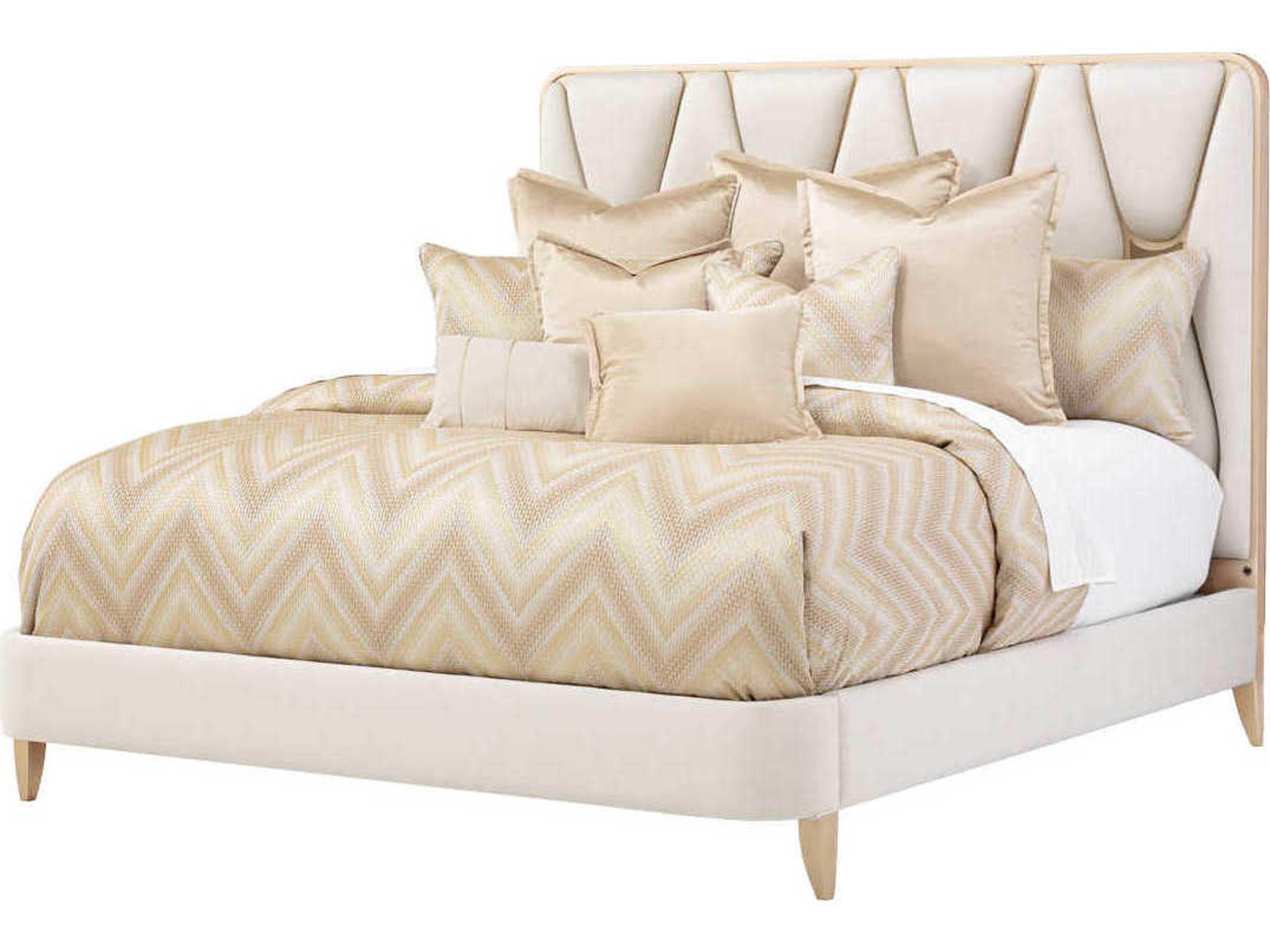Michael Amini La Rachelle Champagne White Birch Wood Upholstered Queen Panel Bed