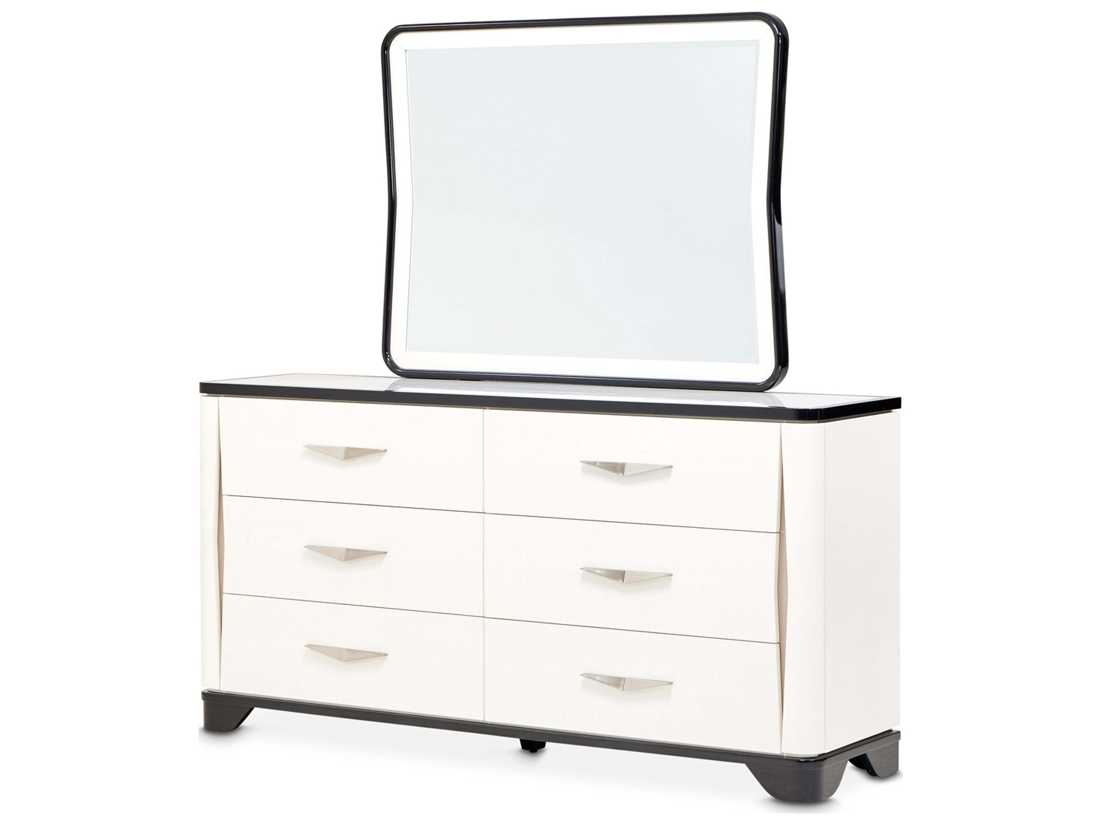 Michael Amini Tuxedo 6-Drawers Black Poplar Wood Double Dresser and Mirror Set