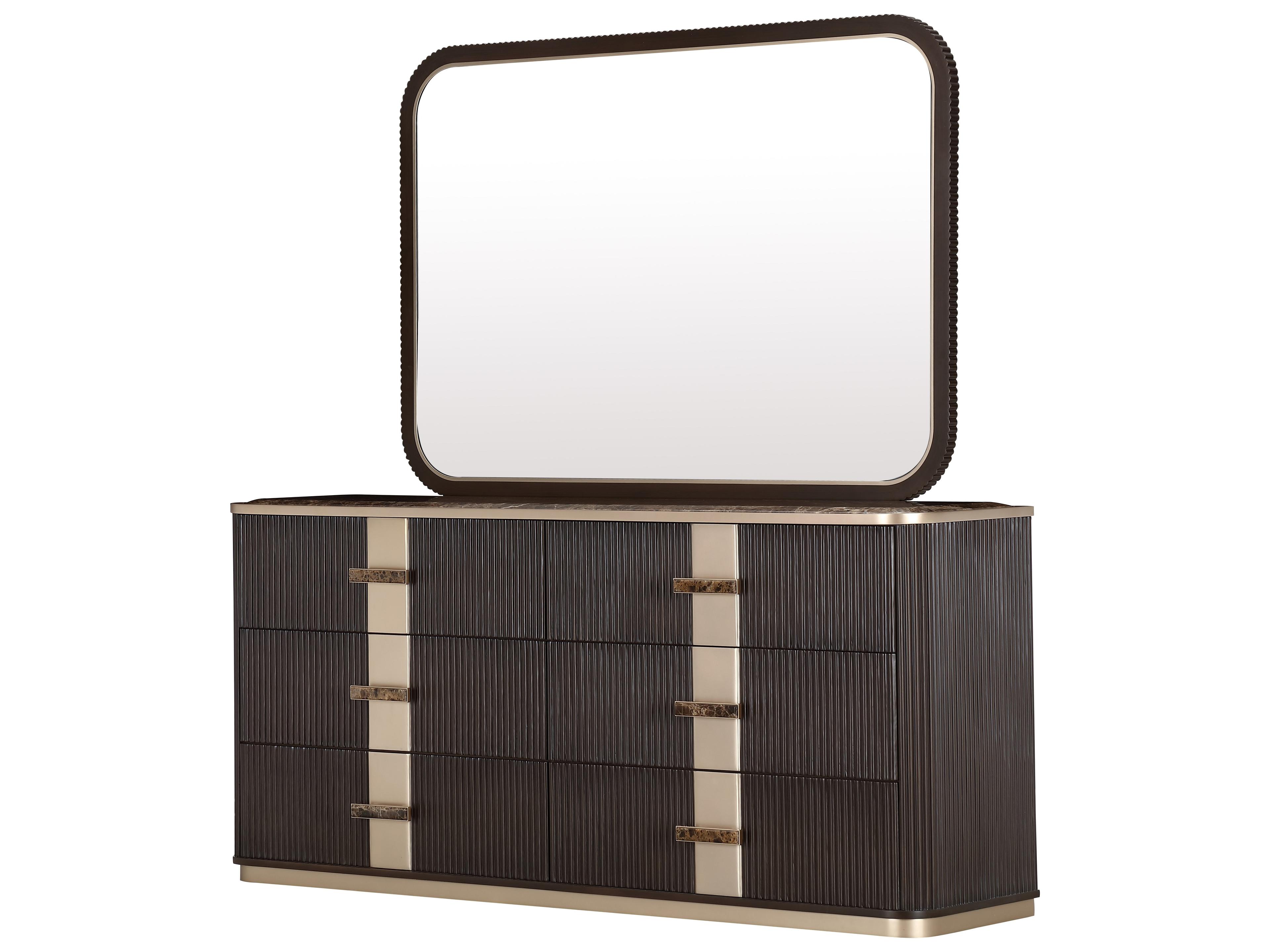 Michael Amini West Kensington 6-Drawers Brown Rubberwood Double Espresso Dresser with Mirror