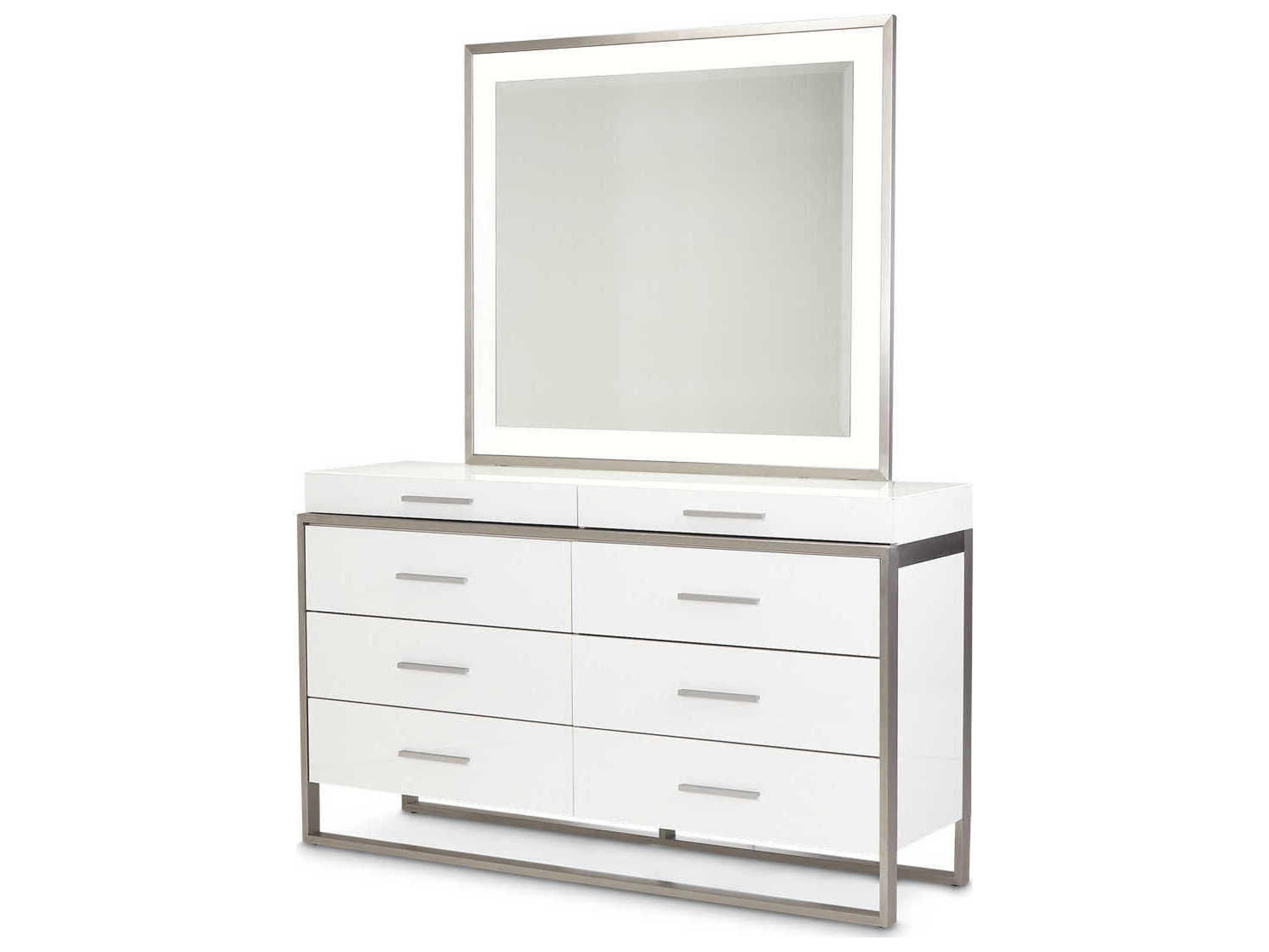 Michael Amini Marquee 8-Drawers Cloud White Double Dresser with Mirror Set