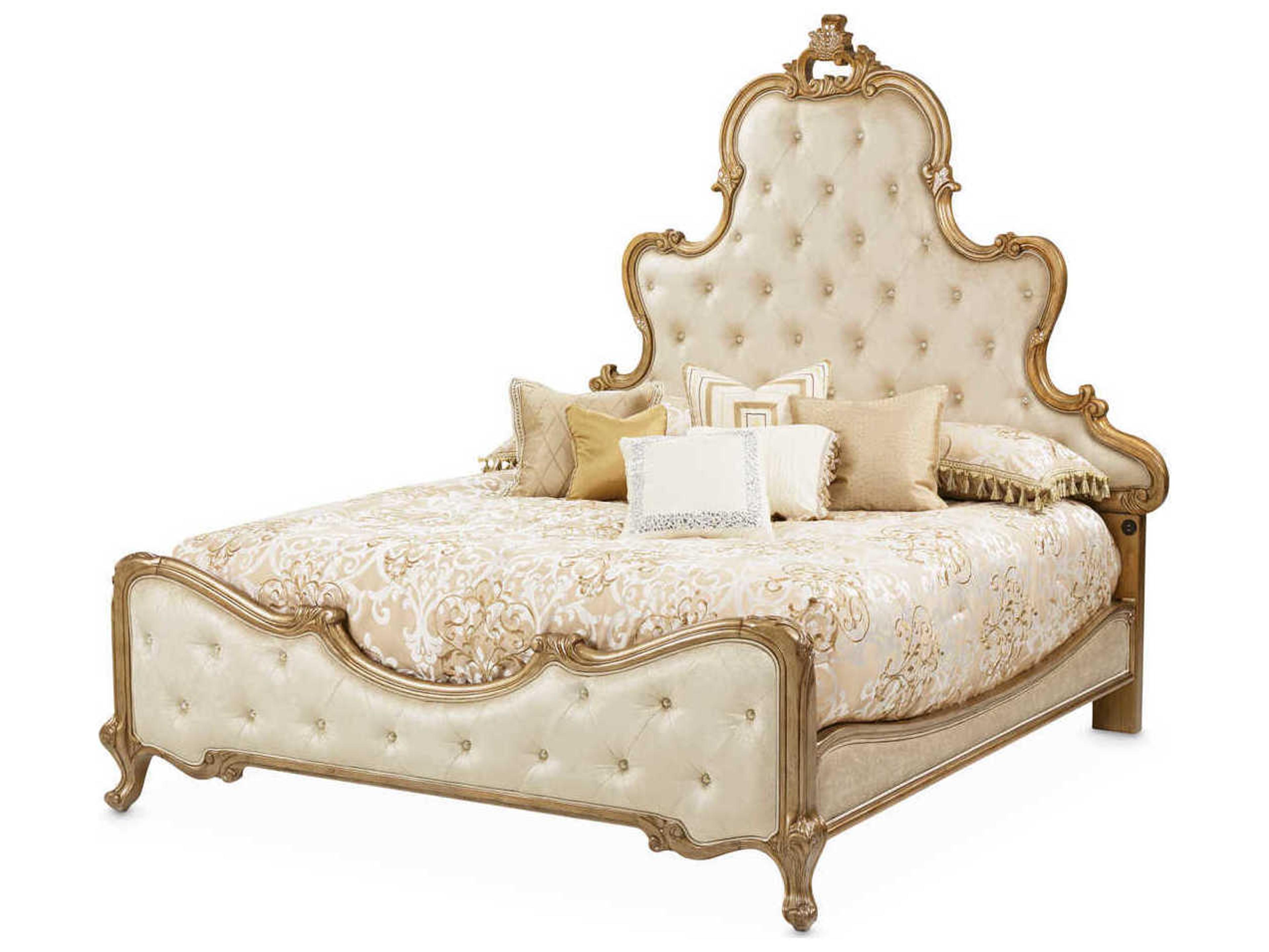 Michael Amini Platine De Royale Champagne White Poplar Wood Upholstered California King Panel Bed