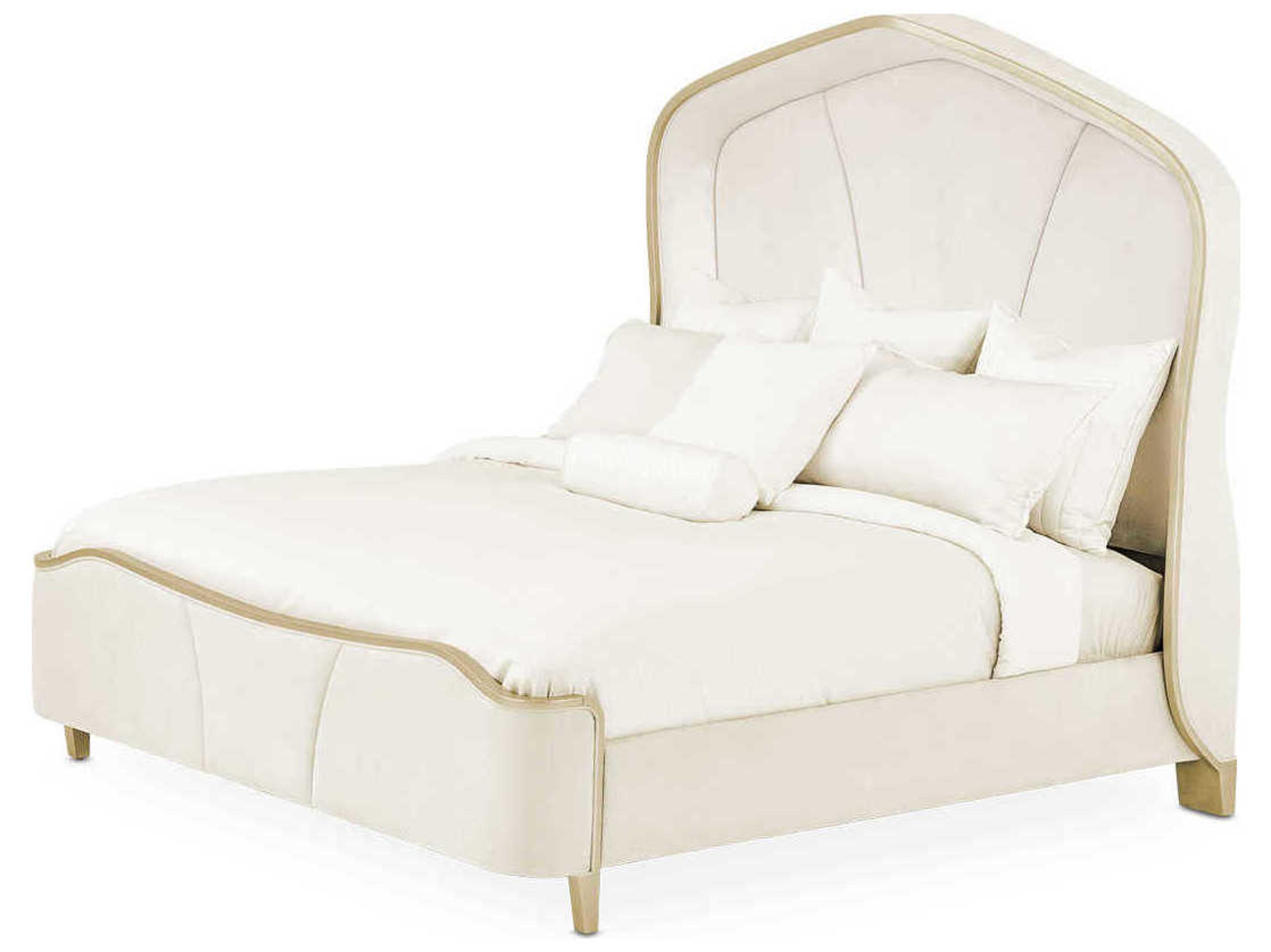 Michael Amini Malibu Crest Doeskin White Birch Wood Upholstered California King Panel Bed