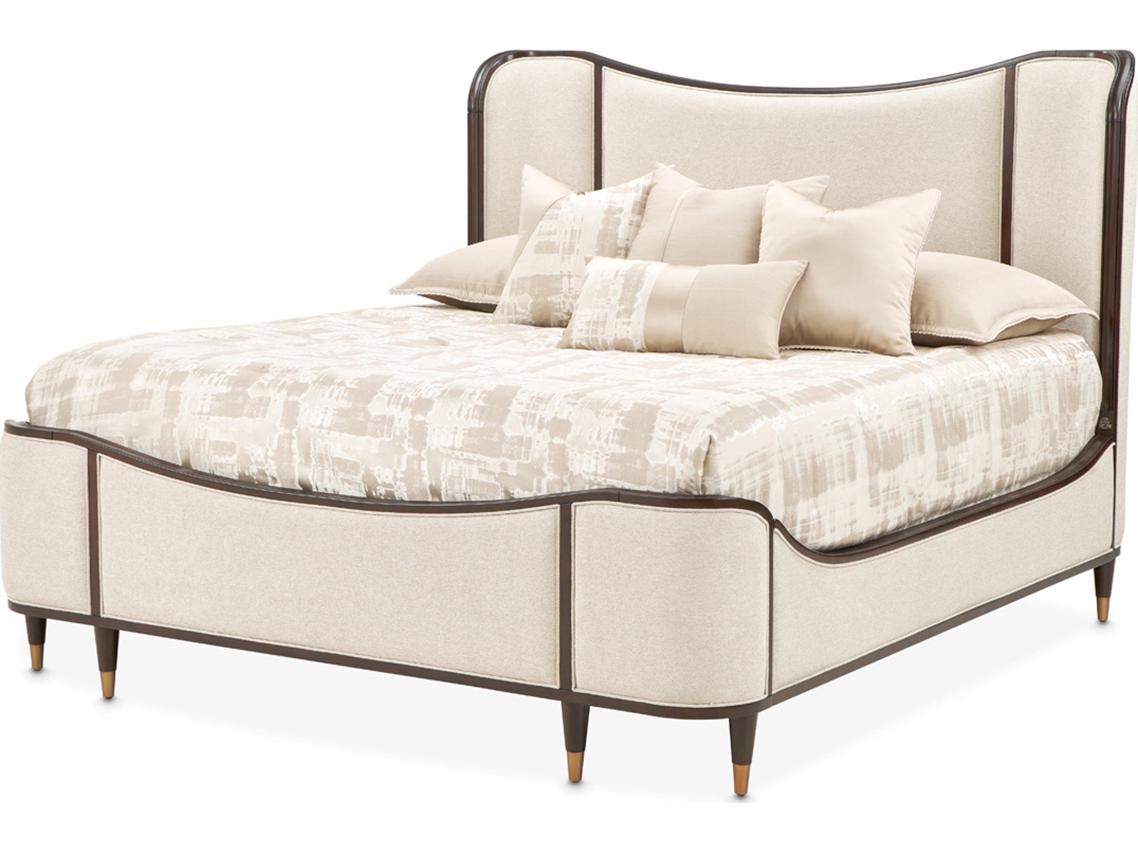Michael Amini Camellia Field Linen Warm Pecan Beige Poplar Wood Upholstered Queen Panel Bed