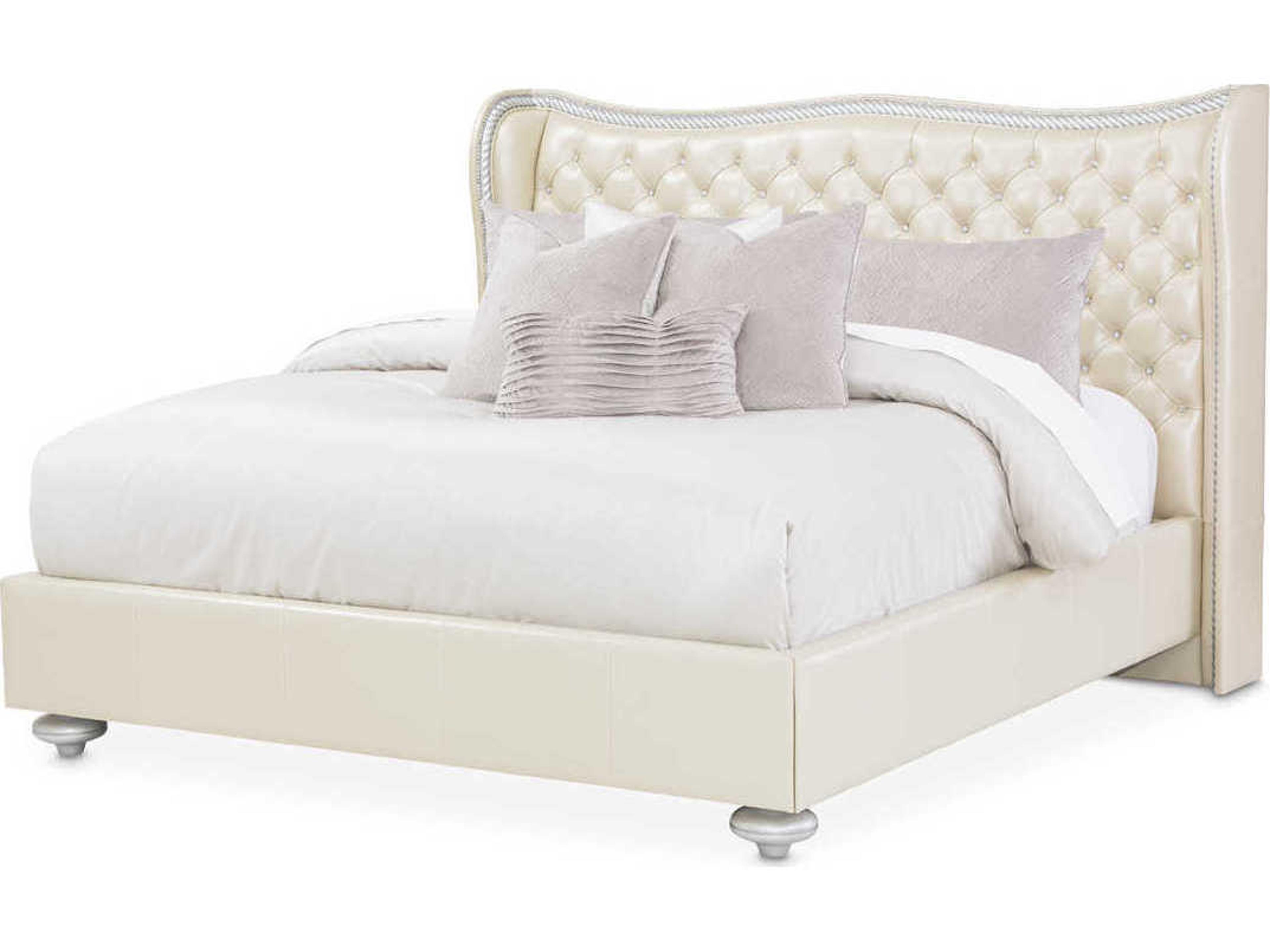 Michael Amini Hollywood Swank Creamy Pearl White Leather Queen Panel Bed