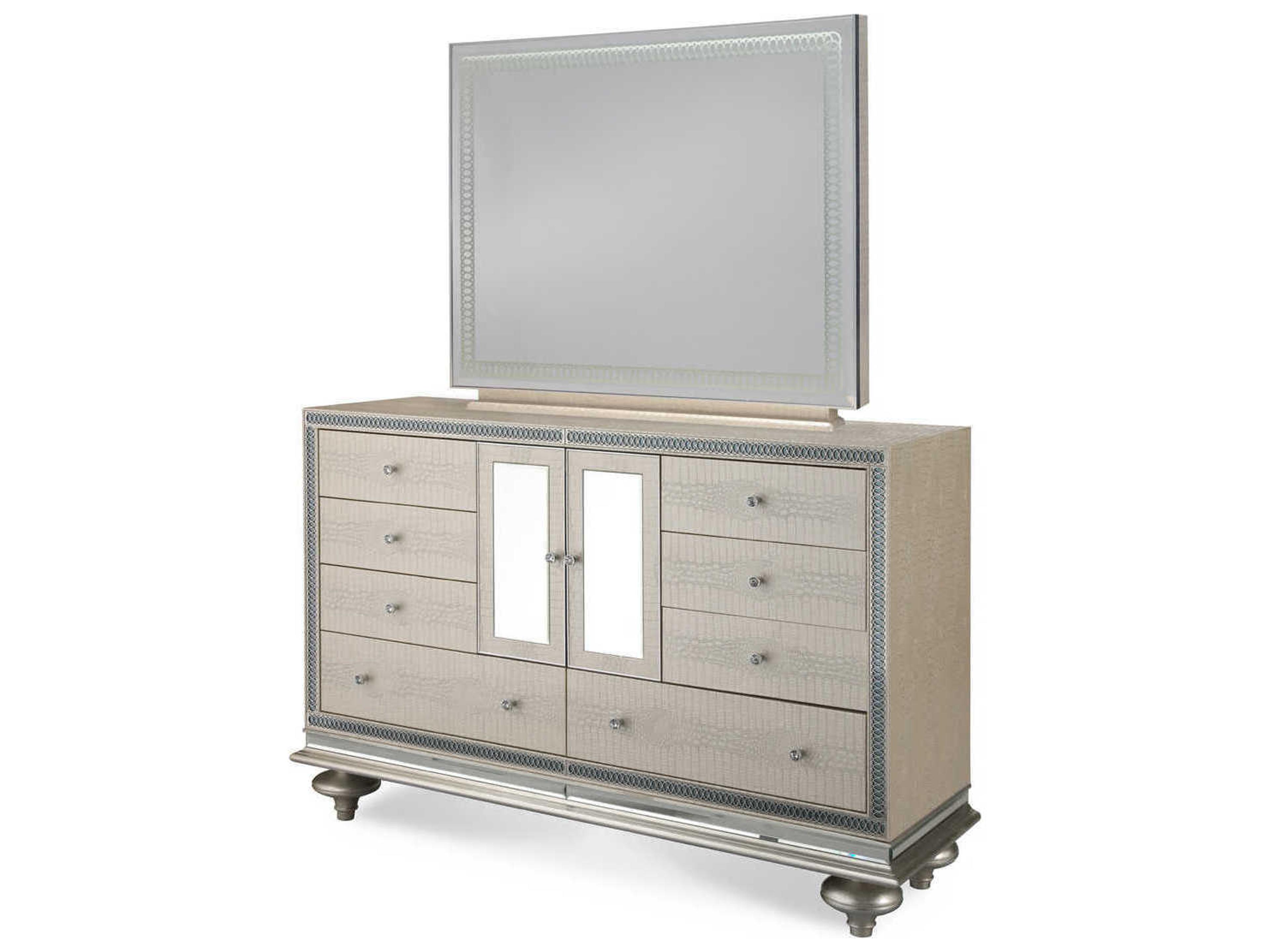 Michael Amini Hollywood Swank White Double Dresser with Mirror Set