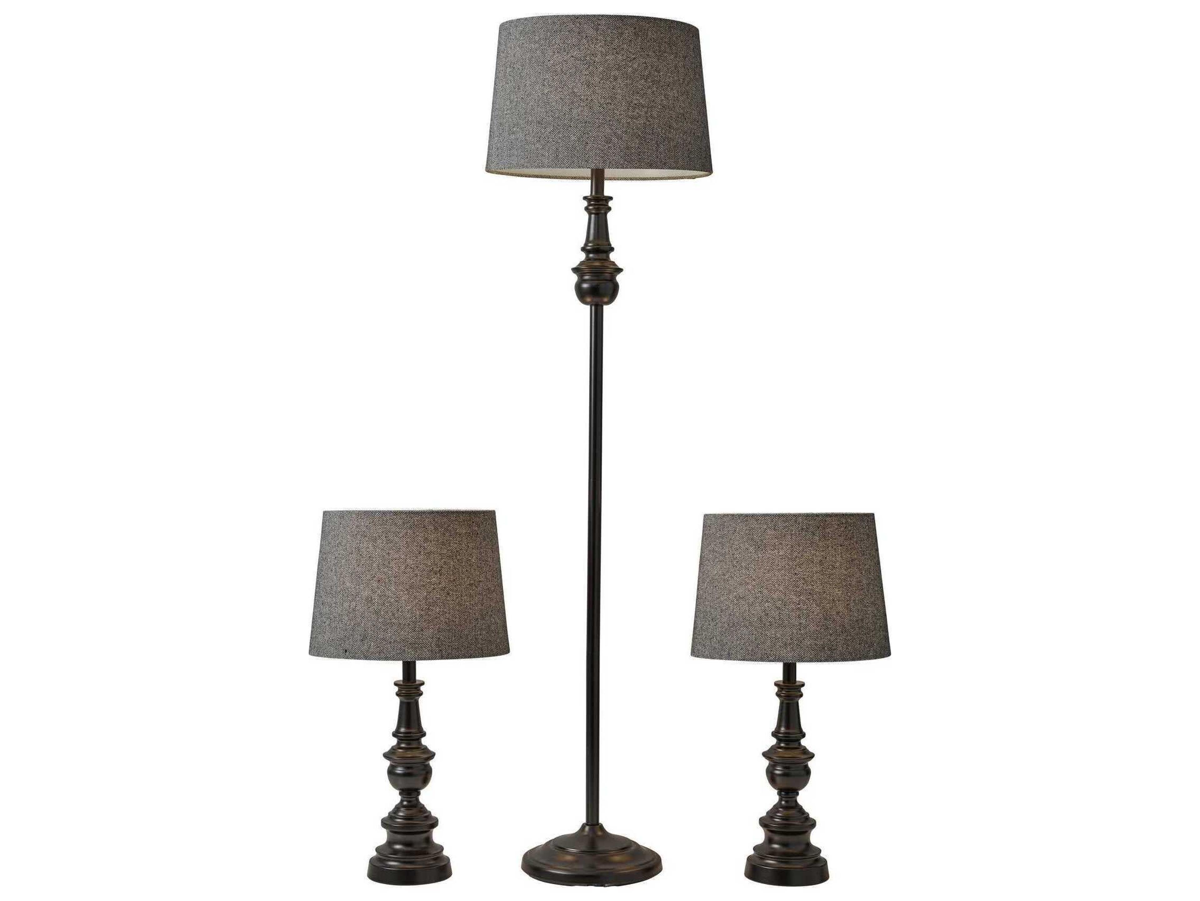 Adesso Chandler Dark Bronze Herringbone Fabric 3 Piece Floor and Table Lamp Set