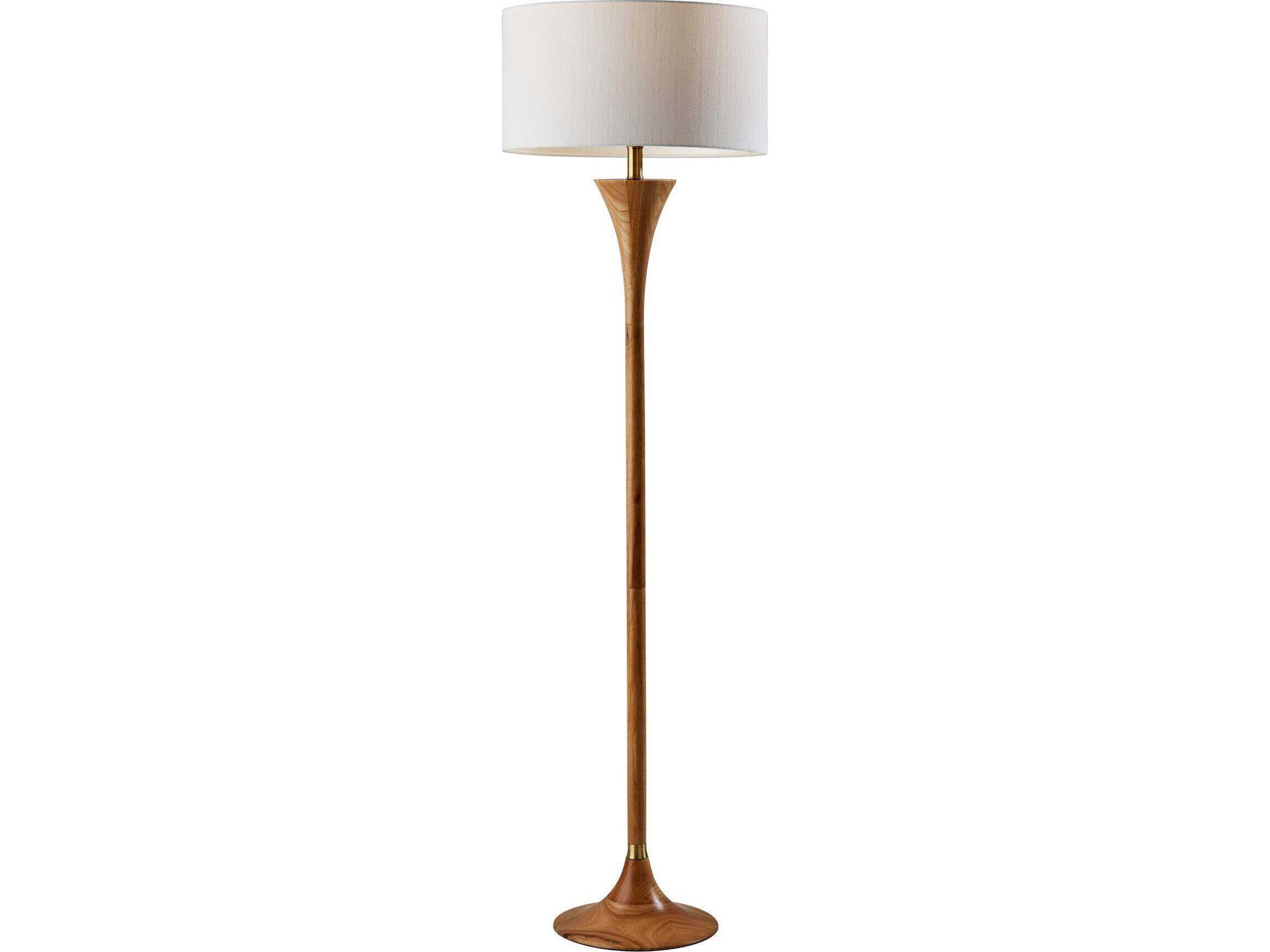 Adesso Rebecca Natural Antique Brass White Textured Fabric Wood Floor Lamp