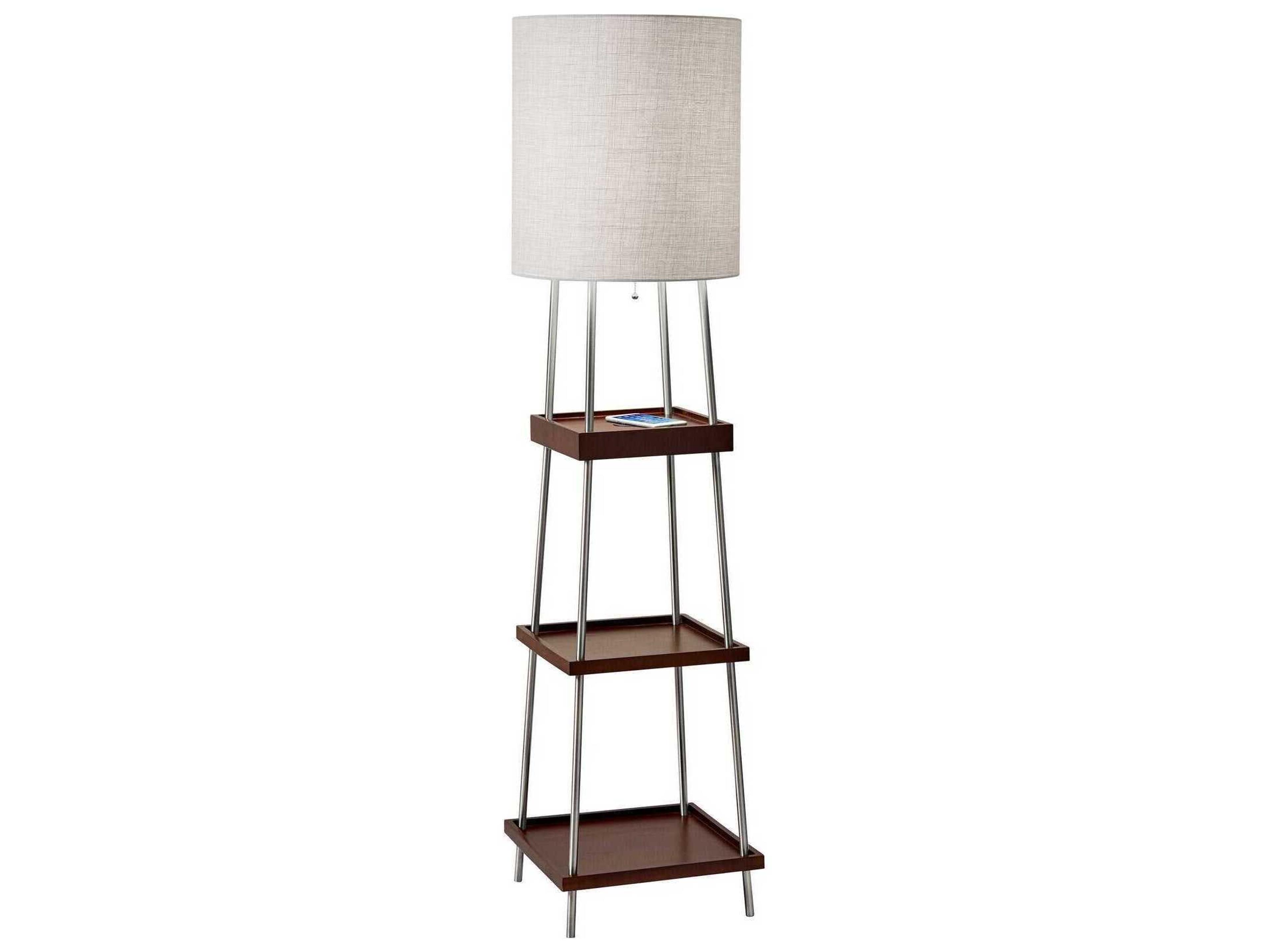 Adesso Henry Brushed Steel Walnut Poplar Light Natural Textured Fabric Floor Lamp