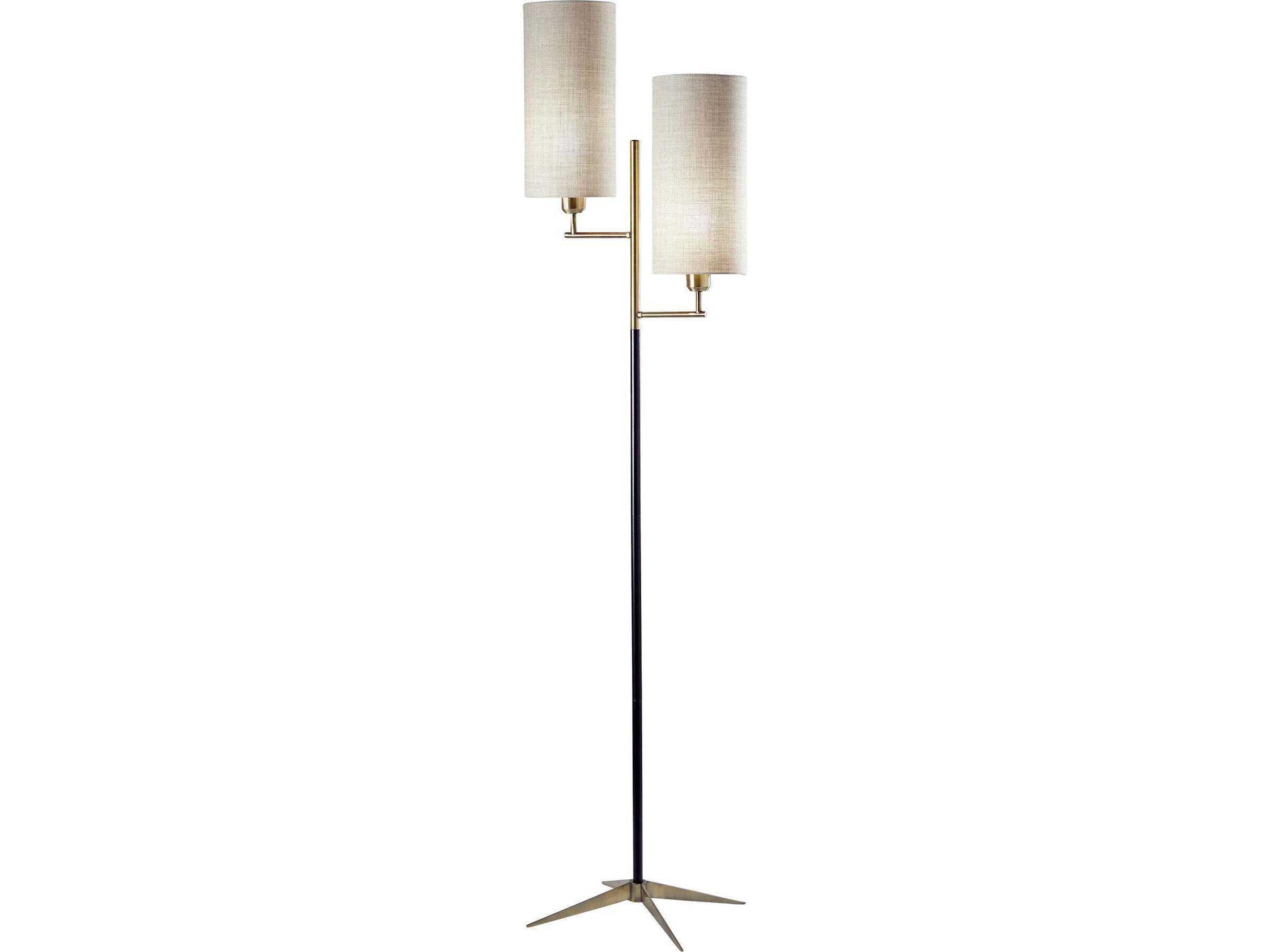 Adesso Davis Matte Black Antique Brass Natural Textured Fabric Floor Lamp