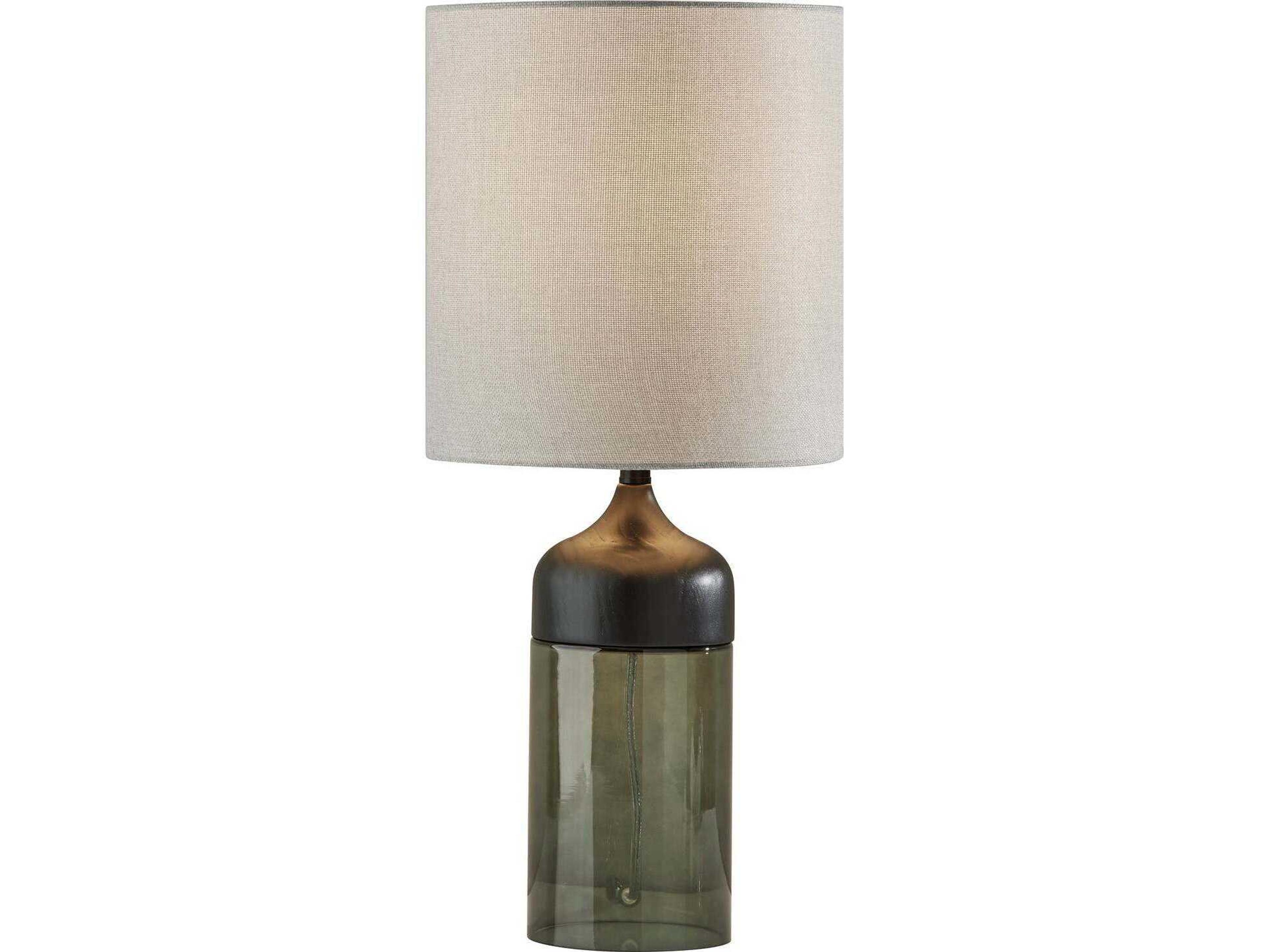 Marina Black Smoked Glass Light Grey Textured Fabric Table Lamp