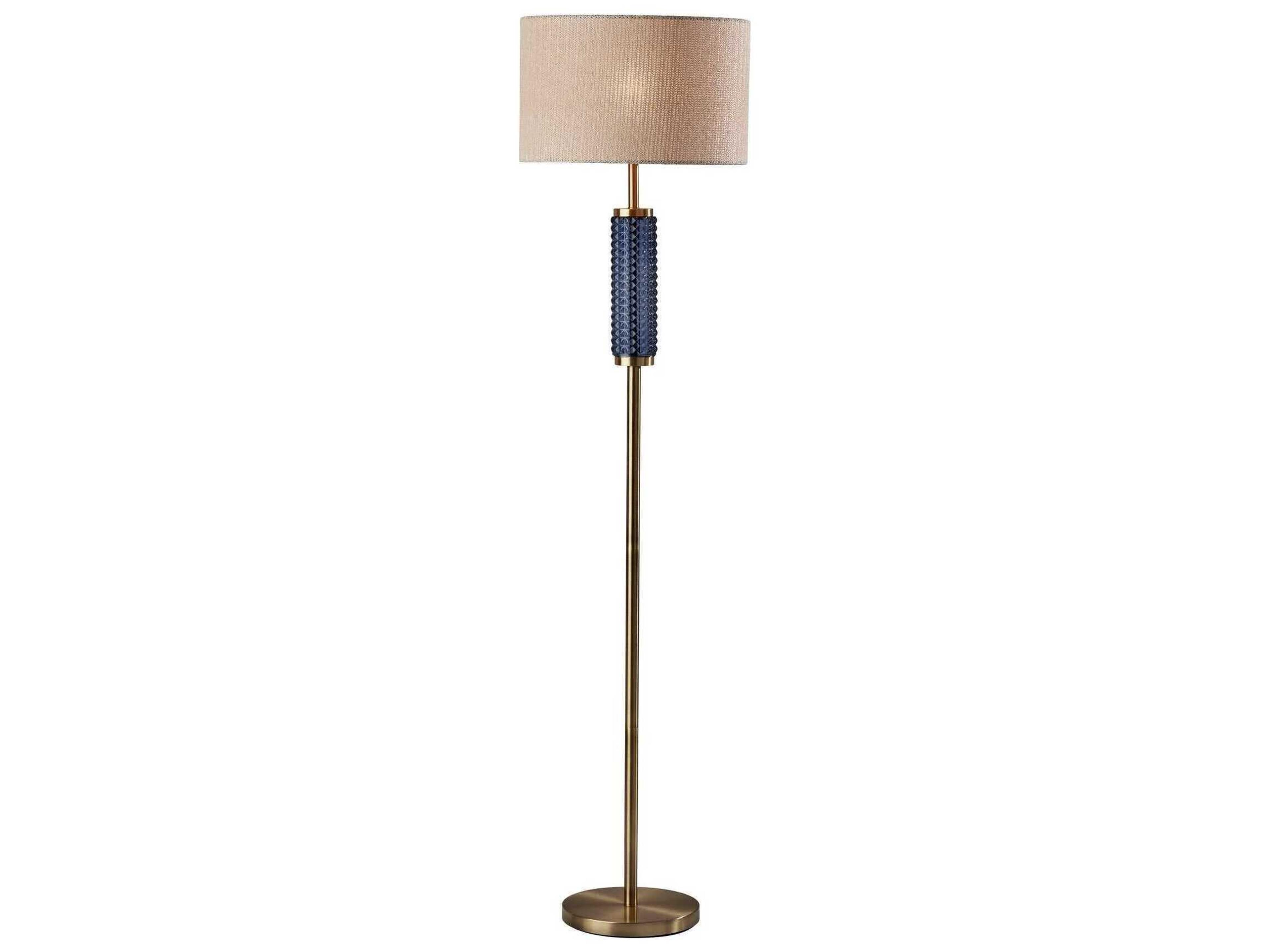 Adesso Delilah Antique Brass Blue Textured Glass Woven Natural Light Beige Paper Floor Lamp