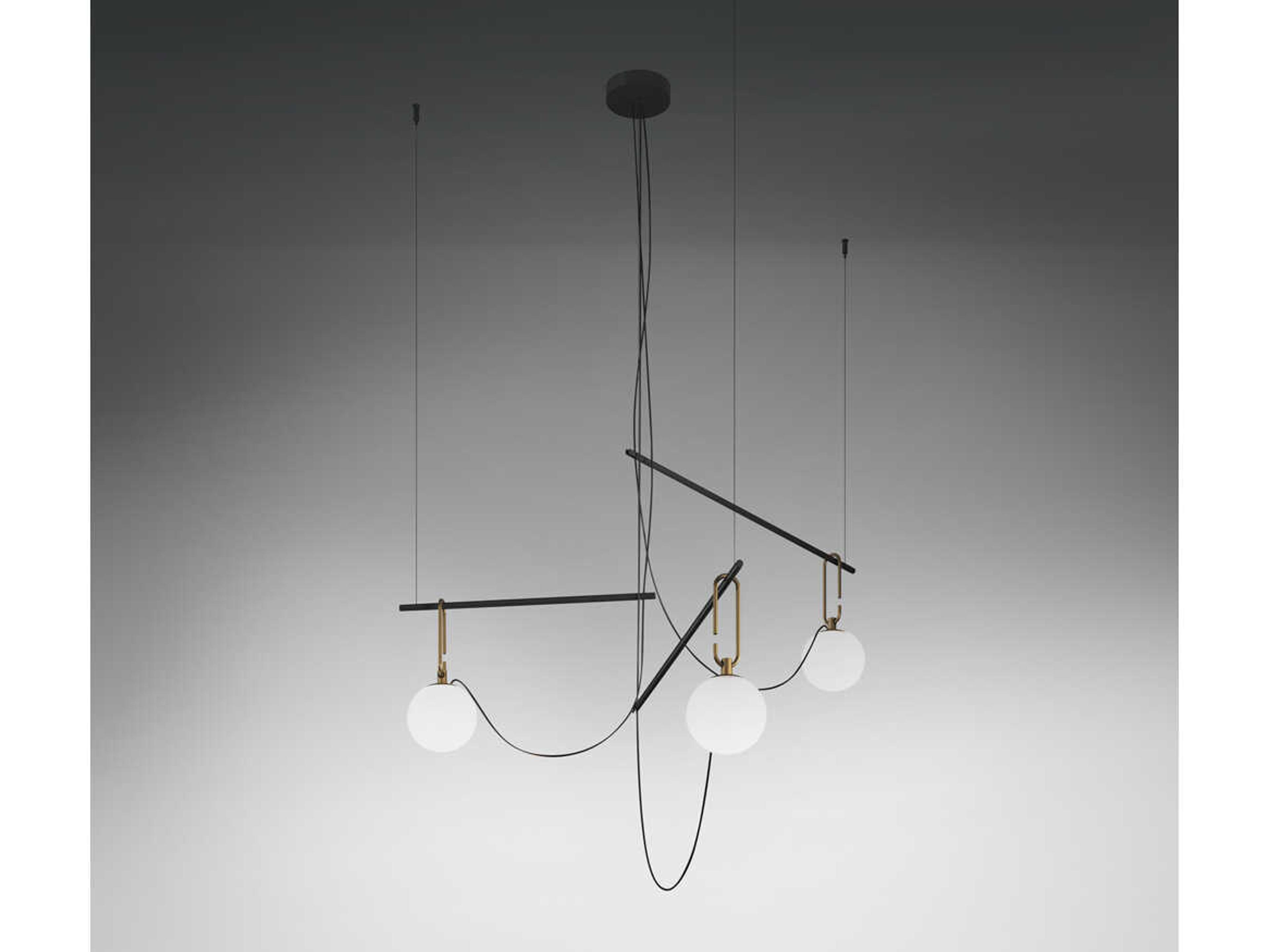 Artemide NH 3-Light Brushed Brass Black Globe Linear Pendant