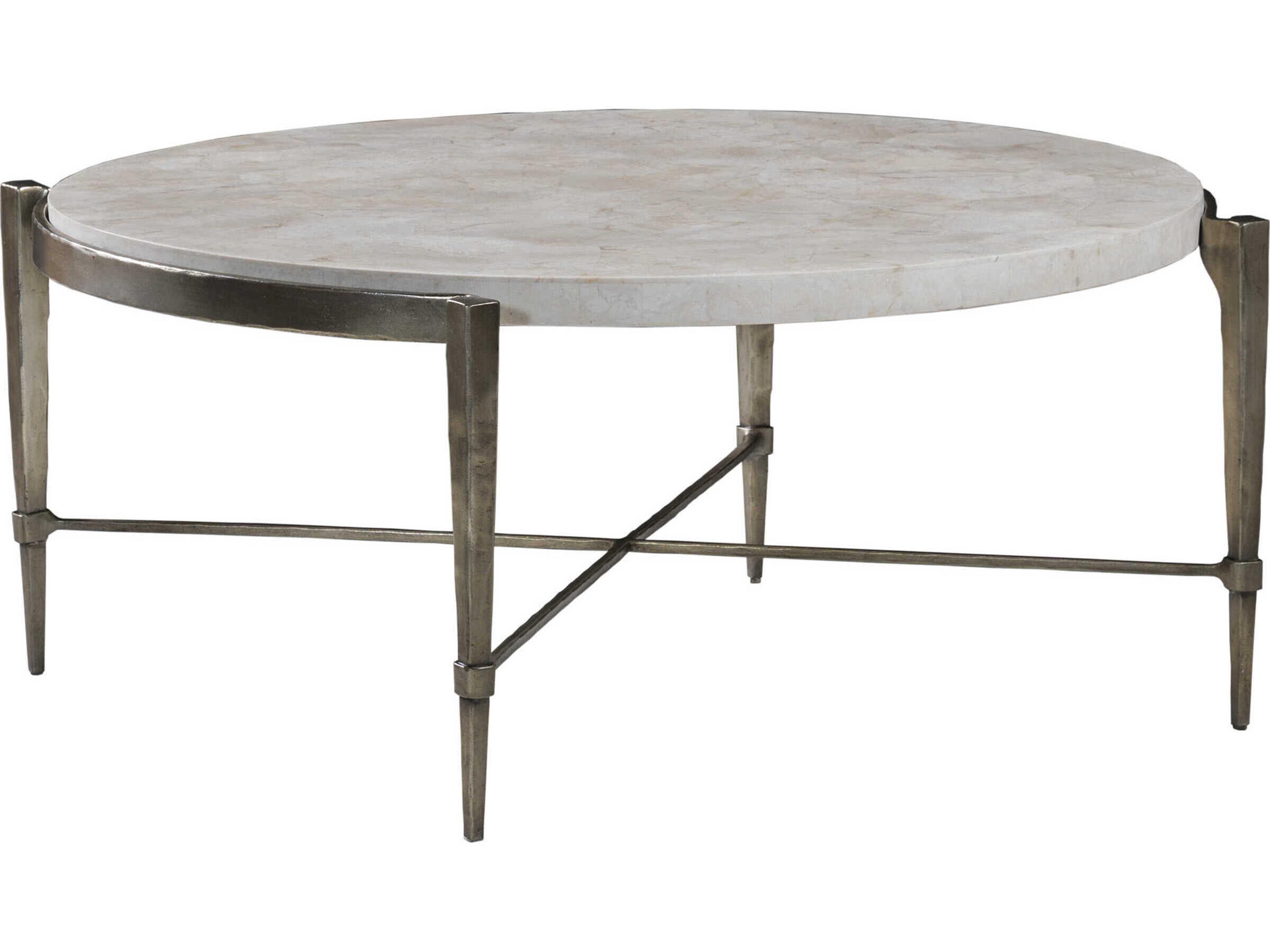 Artistica Signature Designs Percival Round Stone Bronze Leaf White Cocktail Table