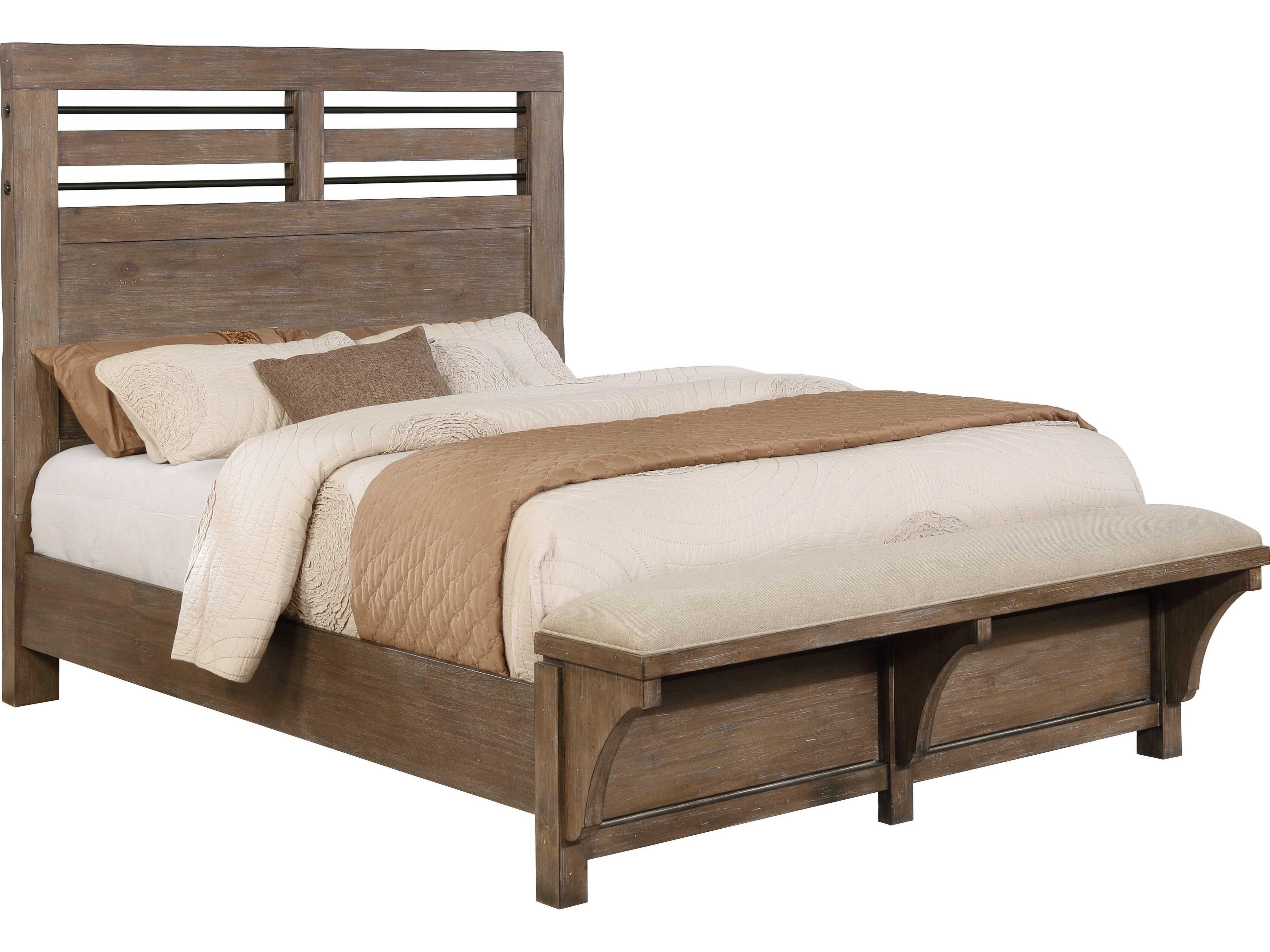Brushed Acacia Brown Wood King Panel Bed with Bench