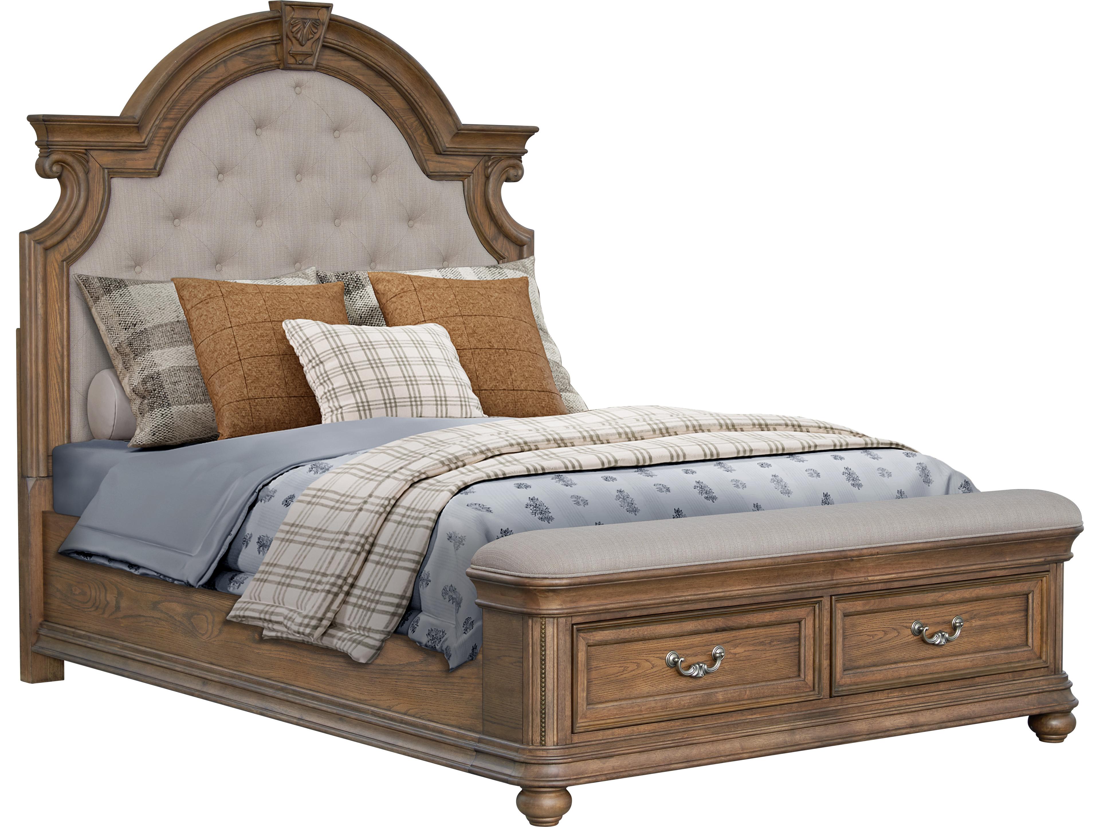 Brown Pine Wood Upholstered Queen Panel Bed