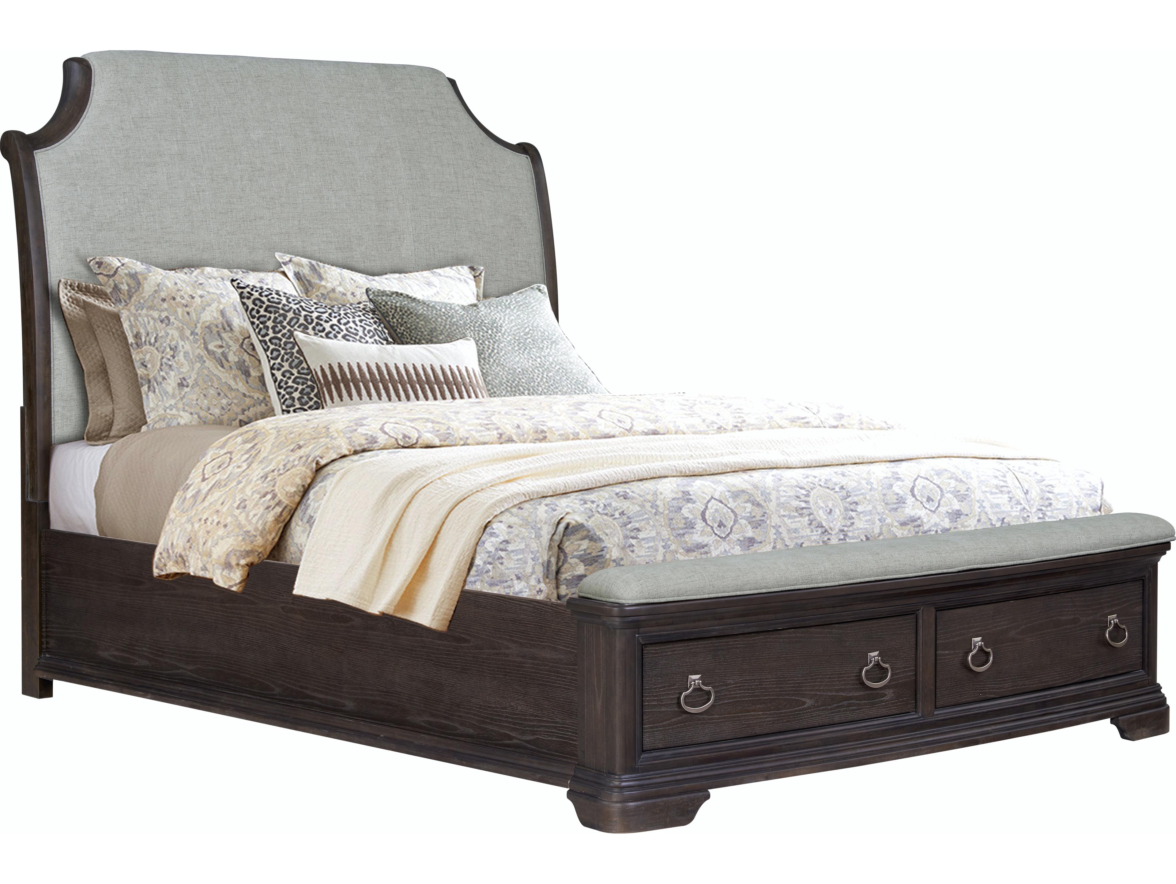 Avalon Furniture Dark Acacia Brown Wood Upholstered Queen Sleigh Bed