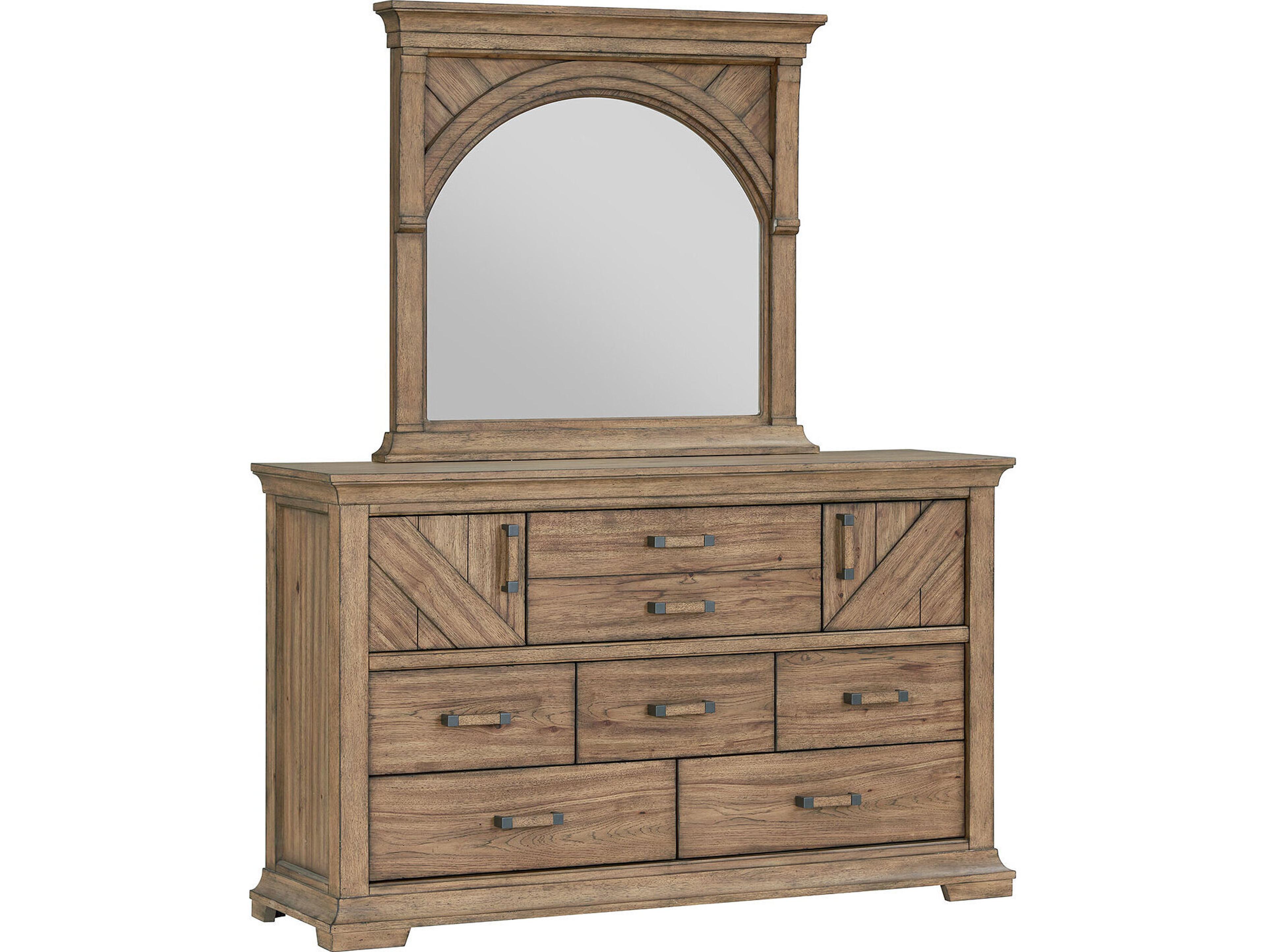 Brown Rubberwood Dresser and Mirror Set