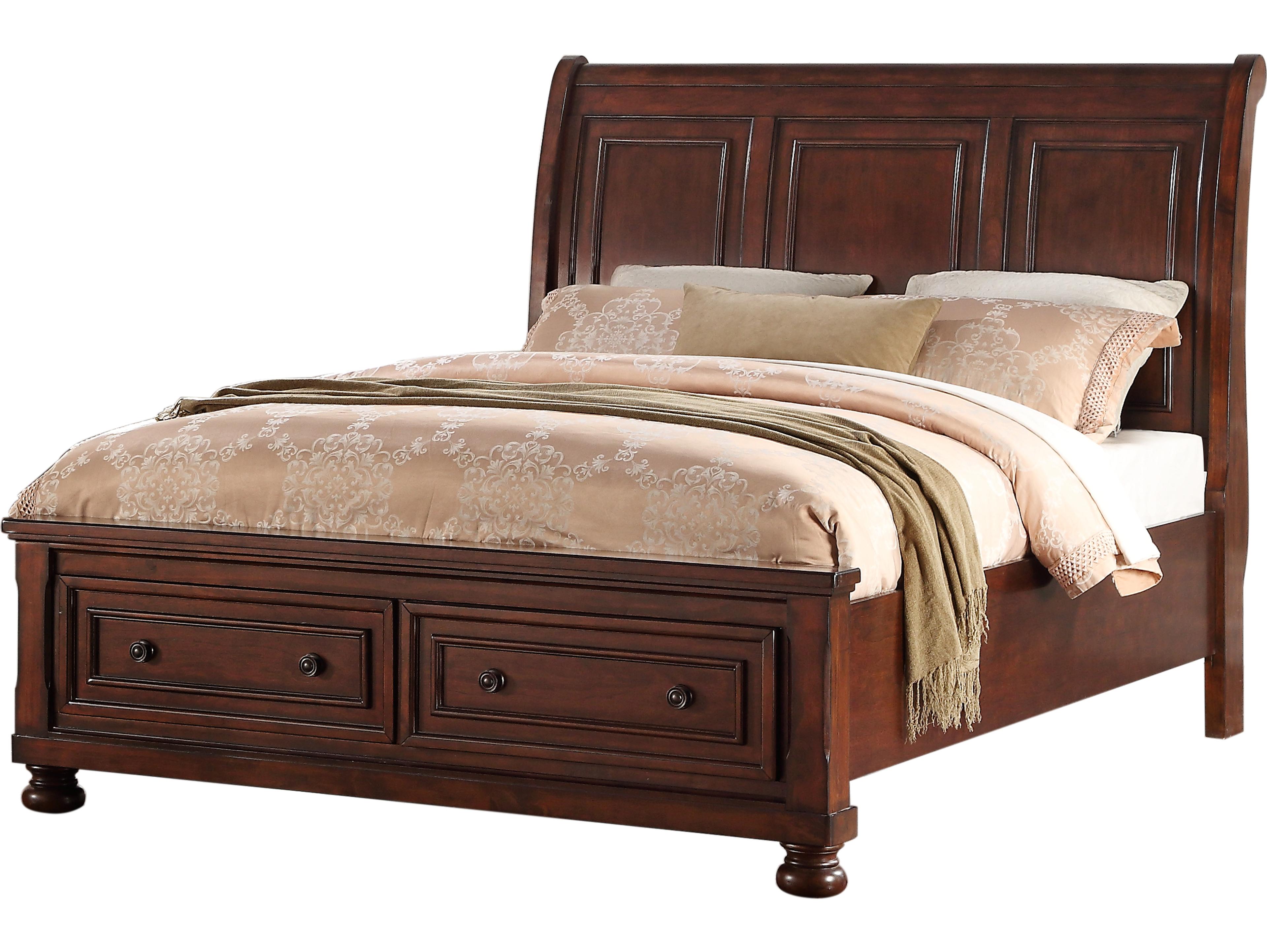 Cherry Brown Pine Wood King Sleigh Bed
