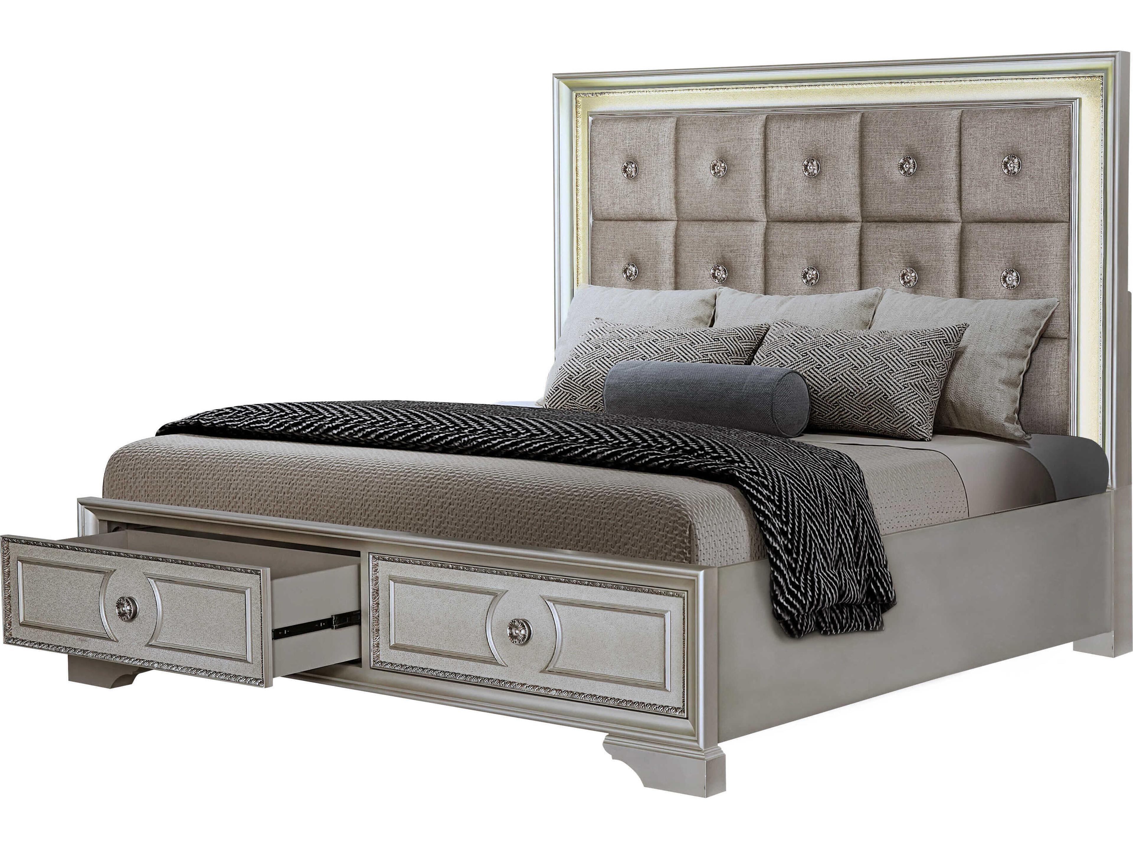 Silver Bronze Birch Wood Upholstered King Panel Bed