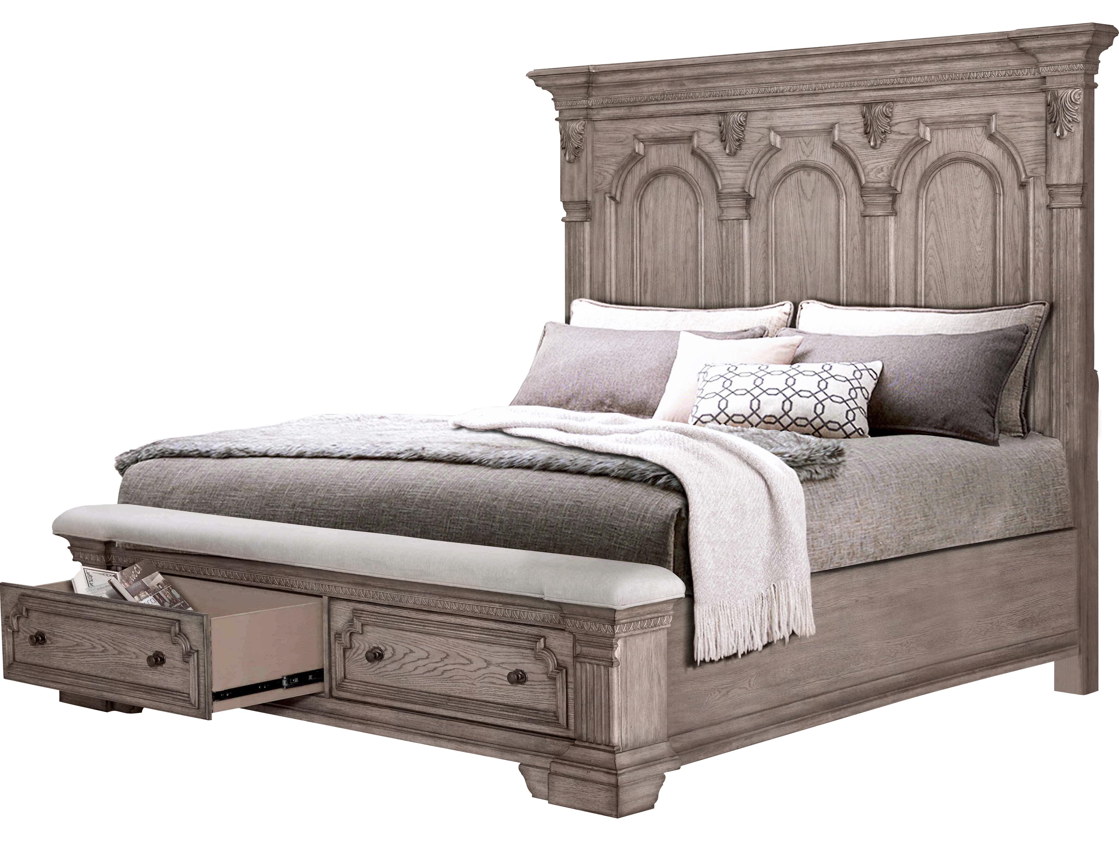 Light Taupe Brown Oak Wood Queen Panel Bed
