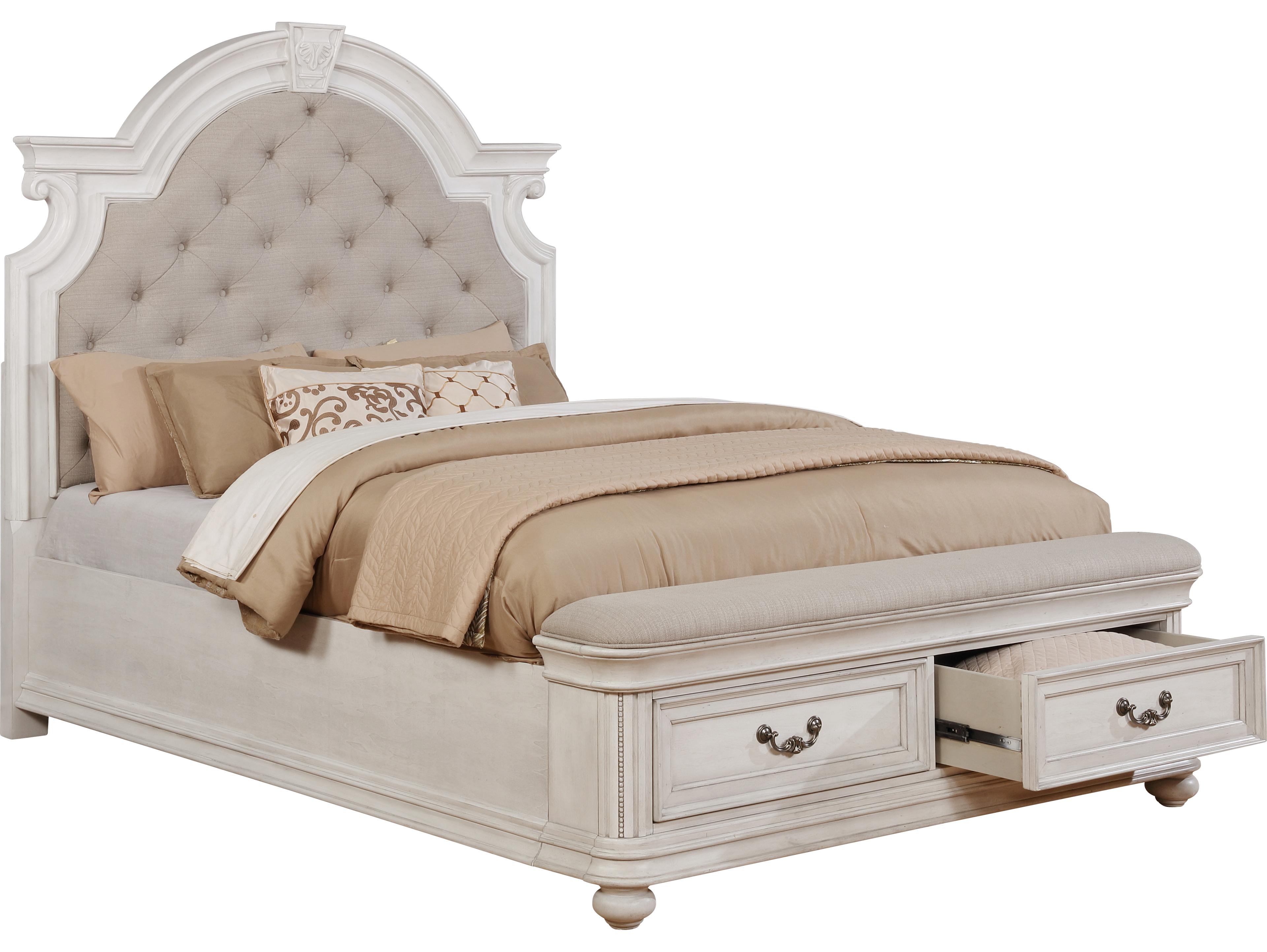 Oak White Beige Birch Wood Upholstered Queen Panel Bed