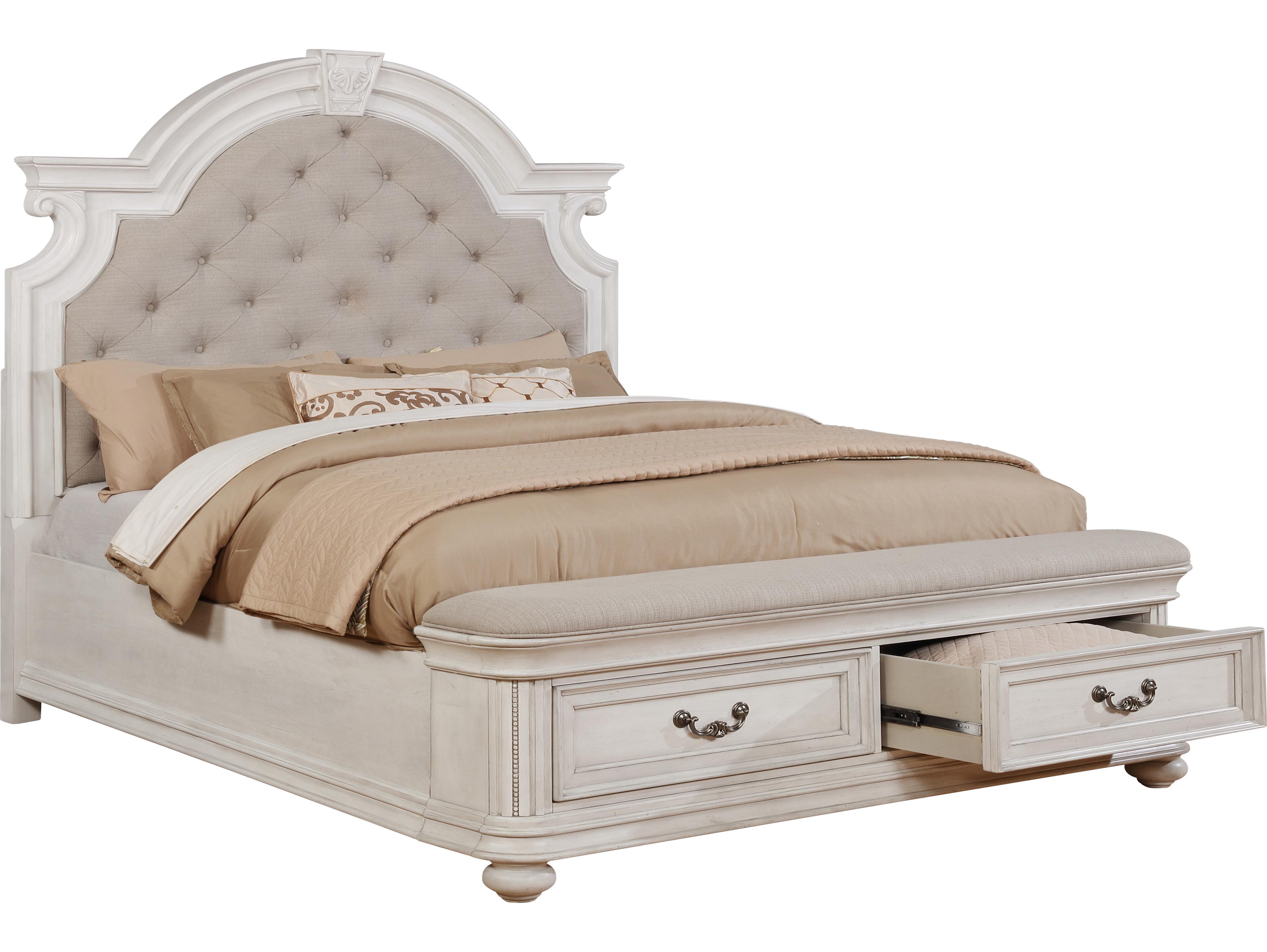 Oak White Beige Birch Wood Upholstered King Panel Bed