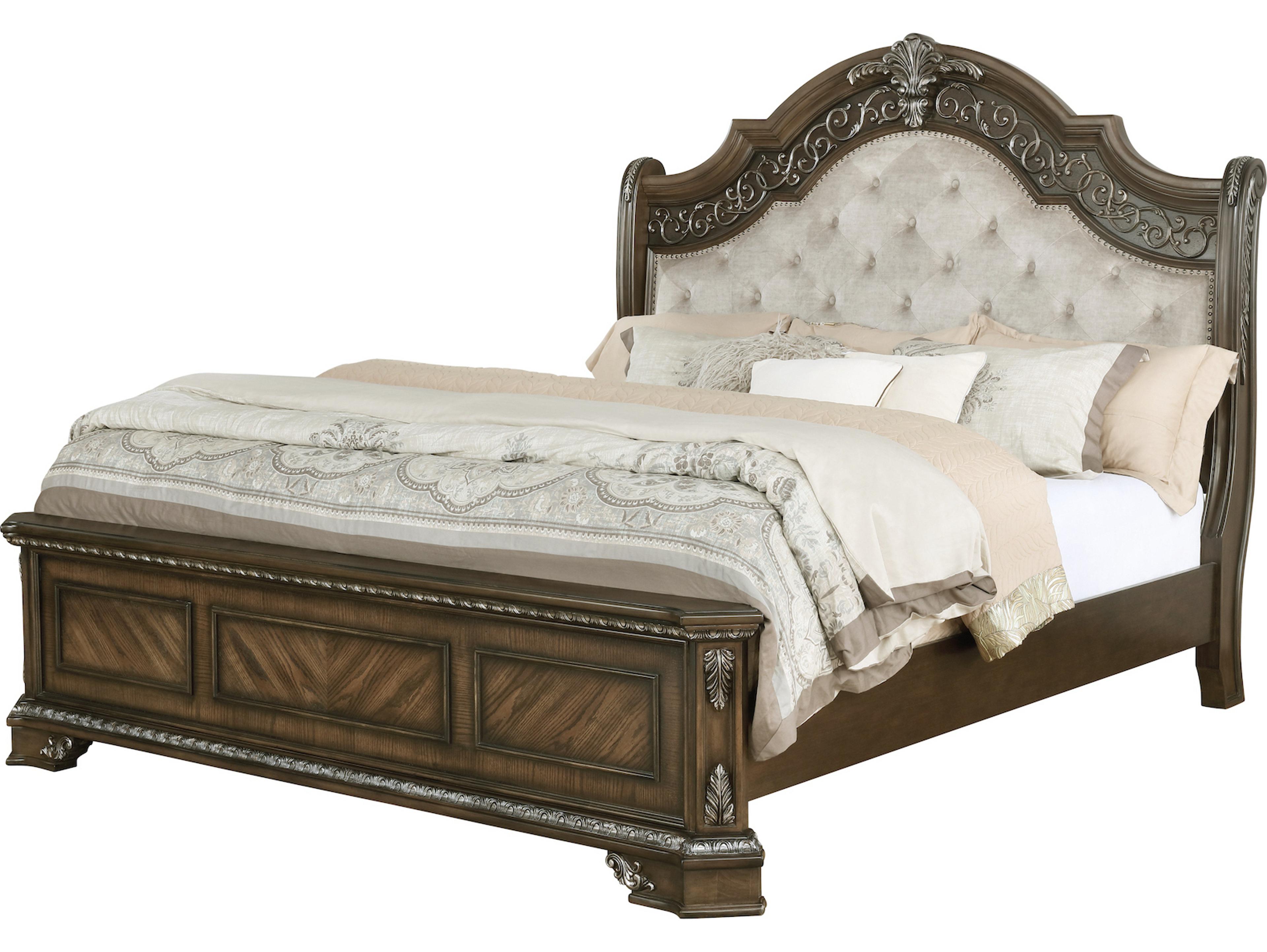 Oak Wood Upholstered Queen Panel Bed