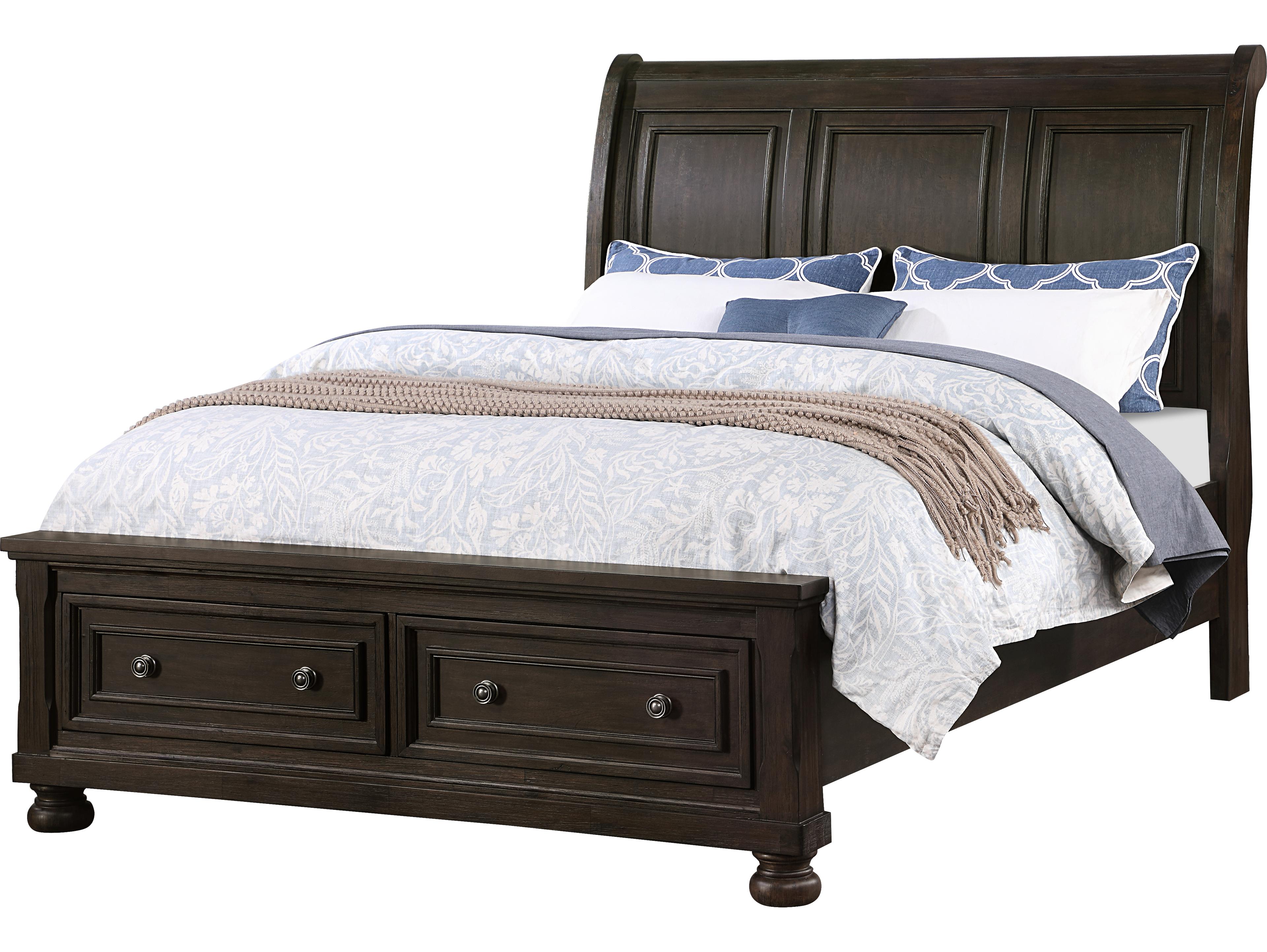 Brushed Brown Acacia Pine Wood Queen Sleigh Bed