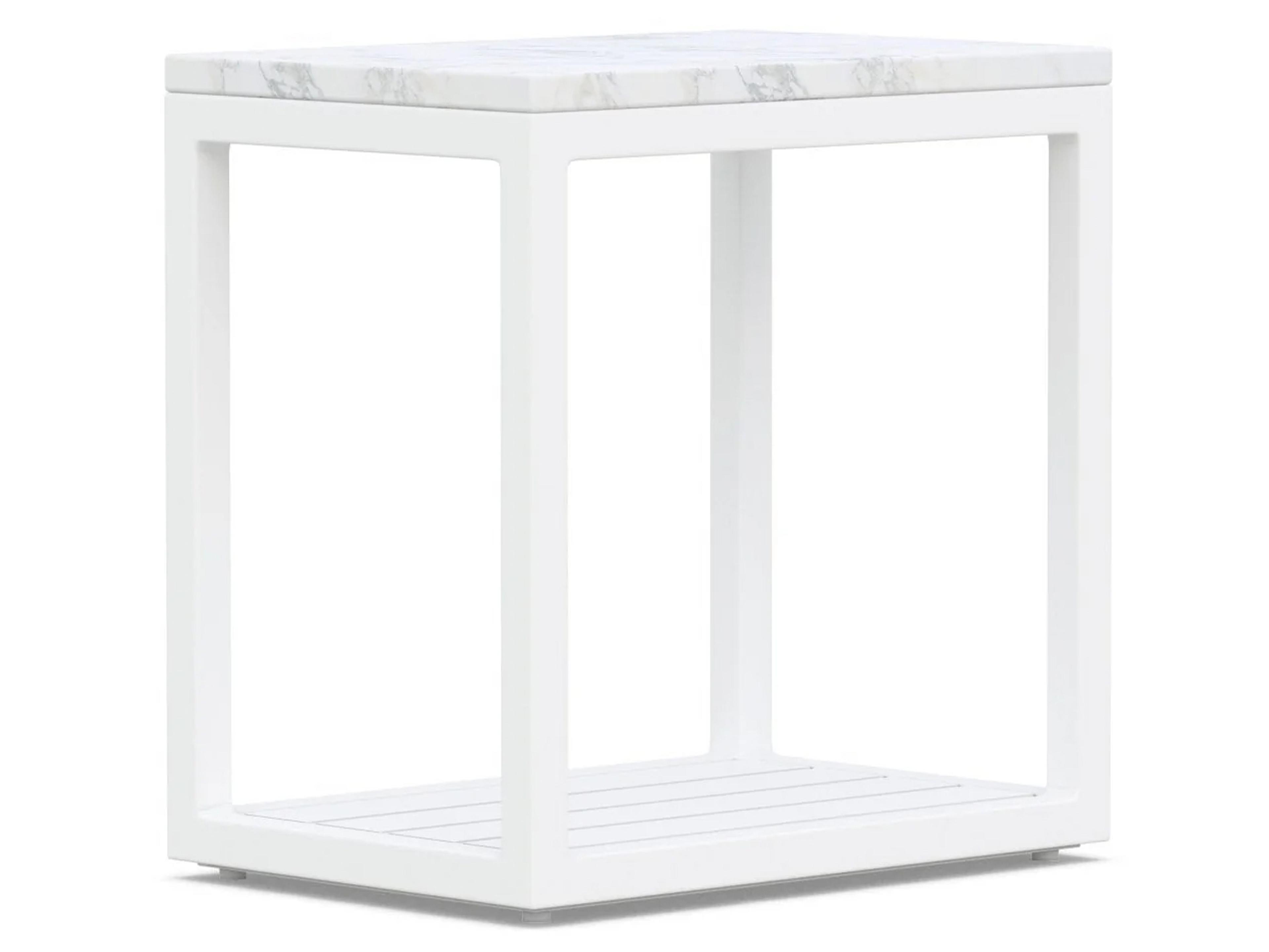 Azzurro Living Seaview Matte White Aluminum Rectangular Marble Top Outdoor Patio Side Table
