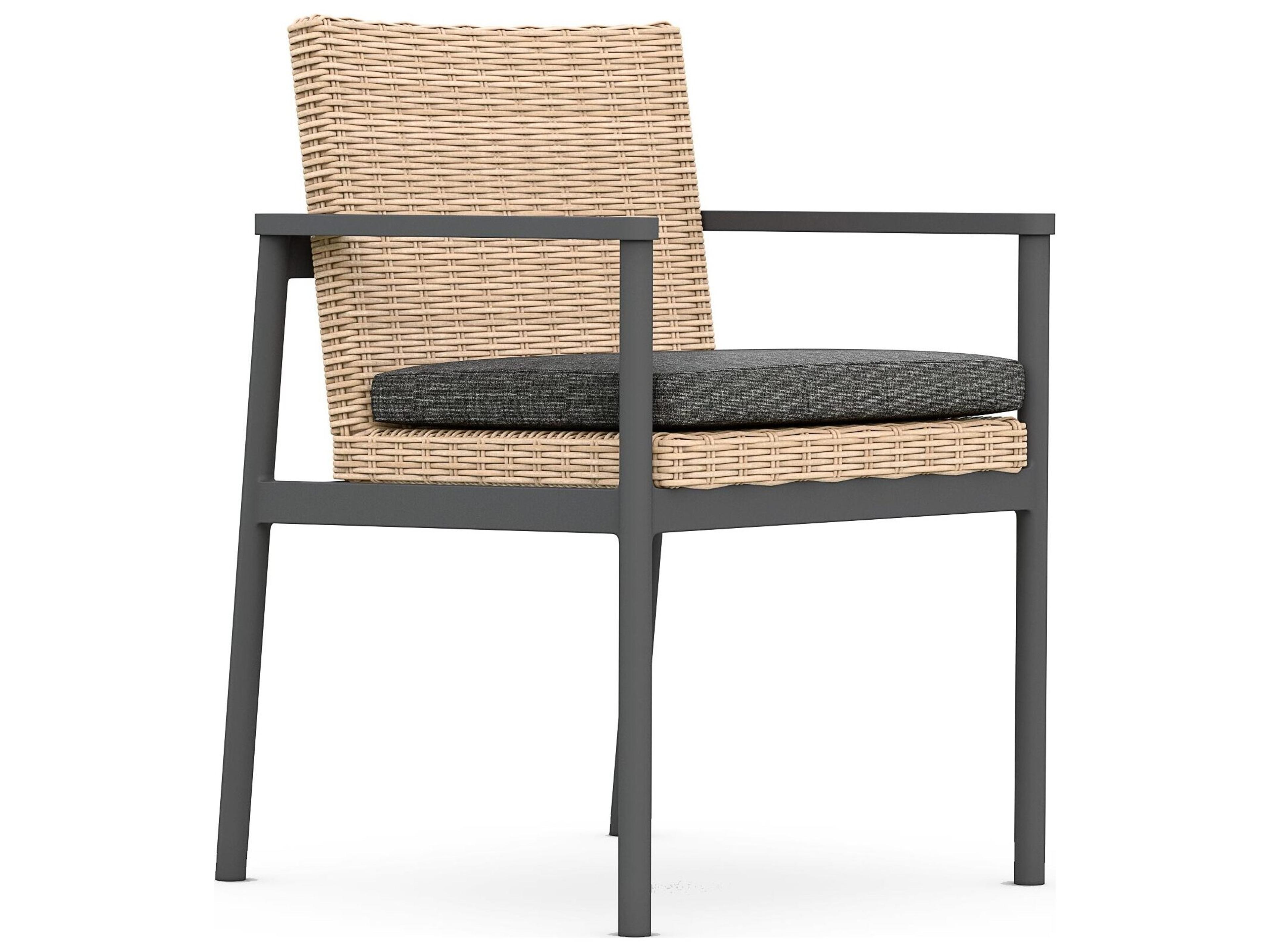Azzurro Living Terra Natural All-Weather Wicker Outdoor Patio Dining Arm Chair with Midnight Cushion