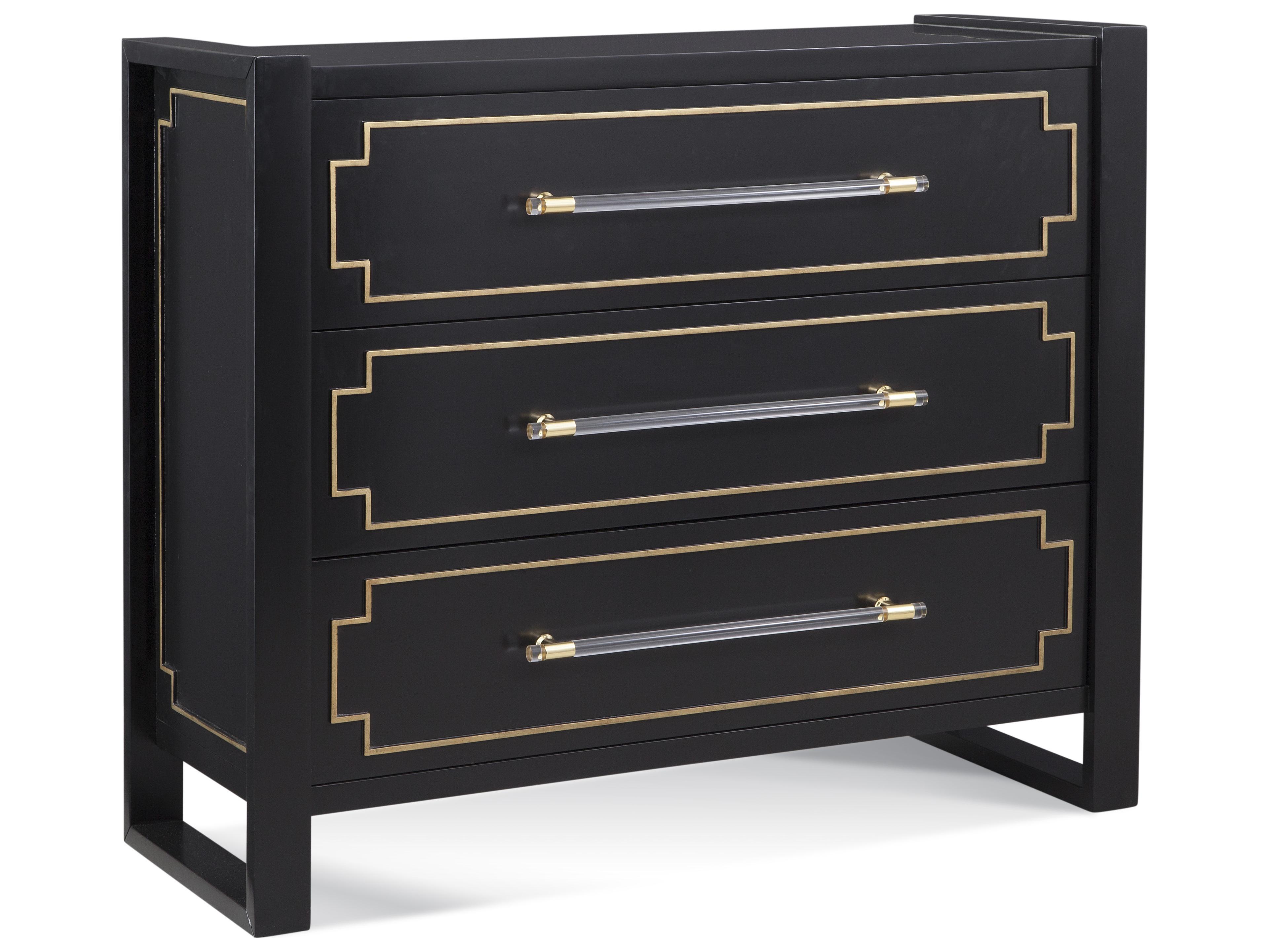 Bassett Mirror 3-Drawers Black Lacquer Gold Pinstriping Brown Accent Chest