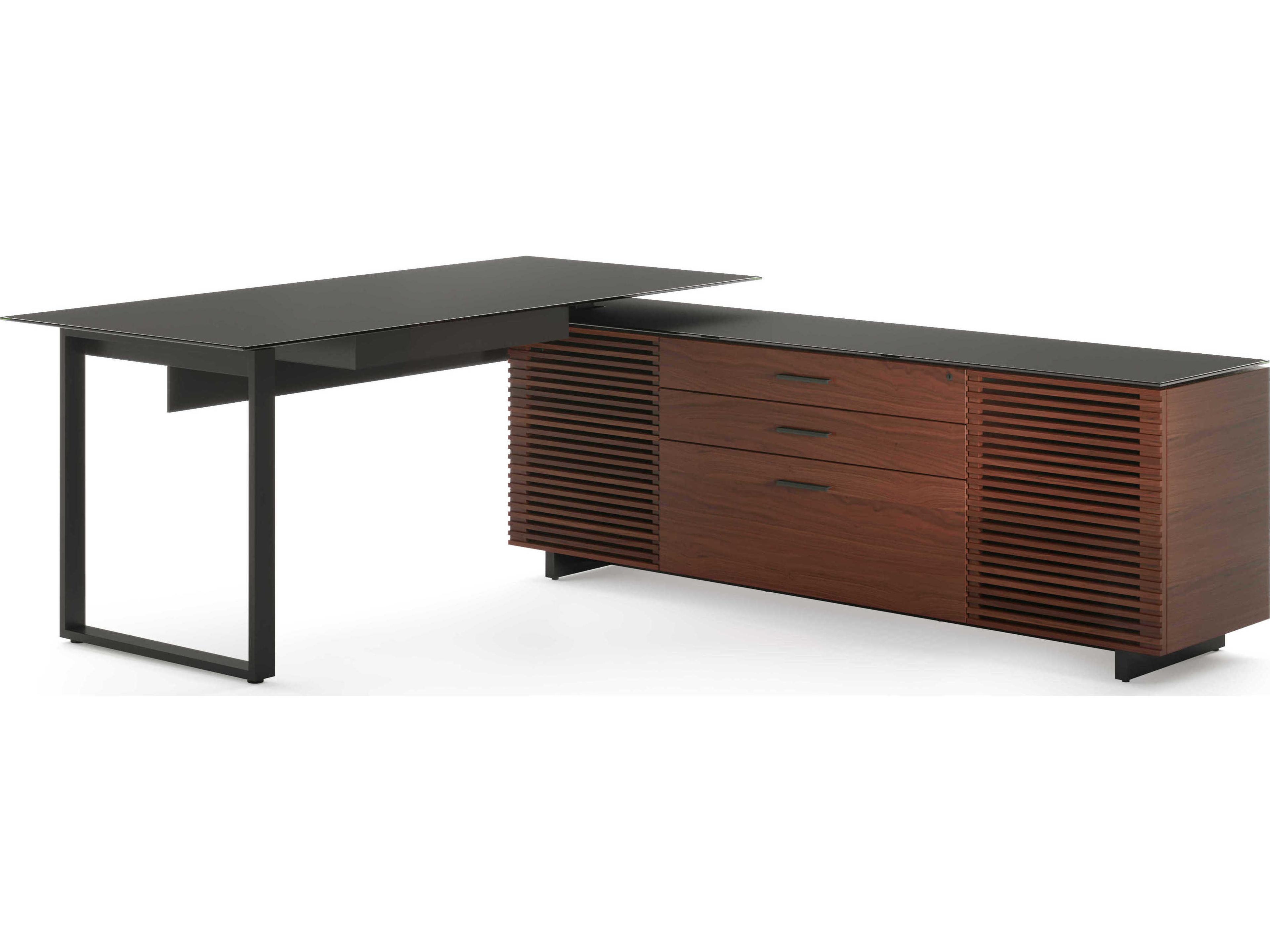 Corridor Chocolate Stained Walnut Black Wood L-Shaped Desk