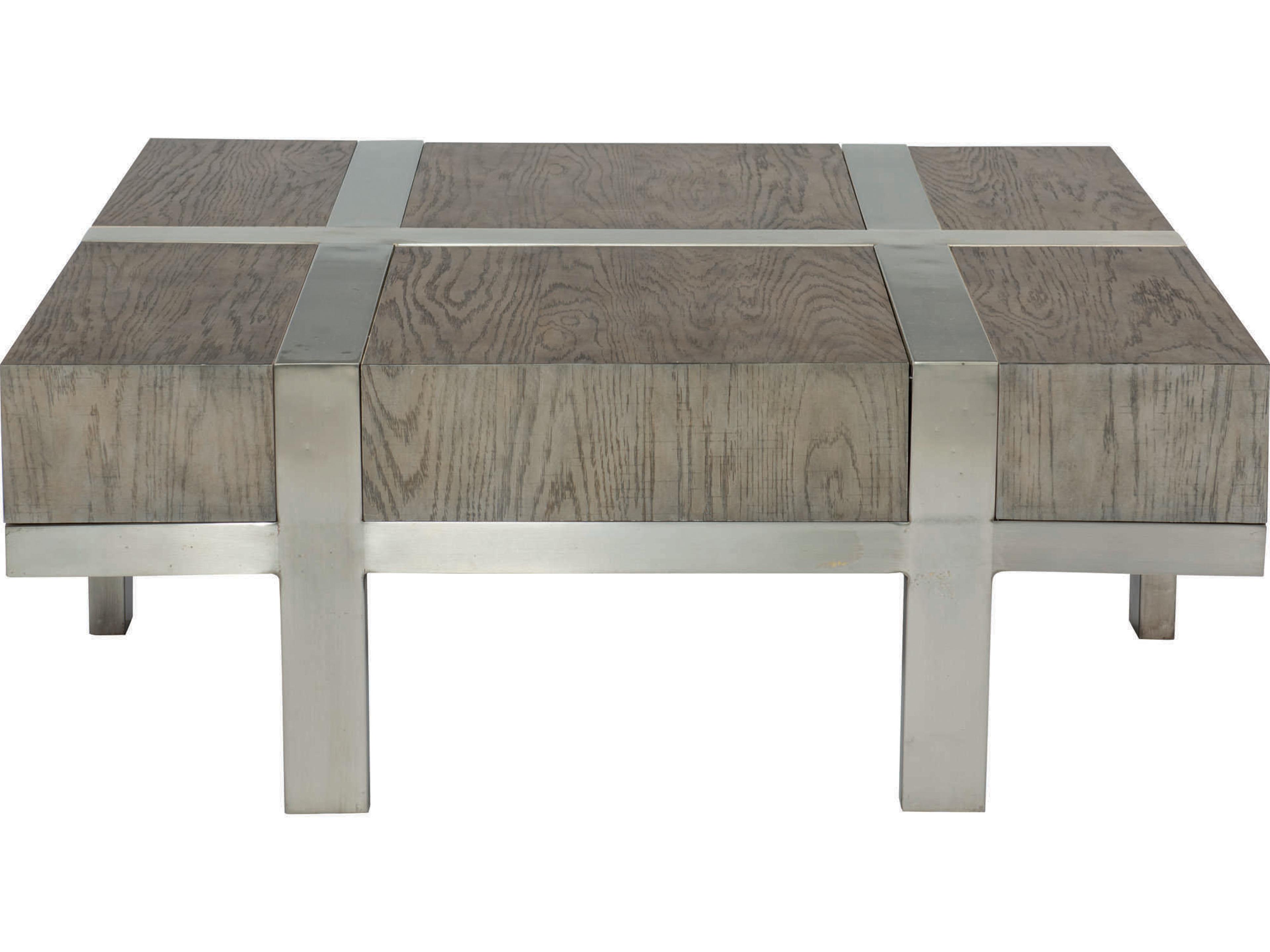 Bernhardt Interiors Casegoods Leigh Square Wood Rustic Gray Tarnished Nickel Cocktail Table