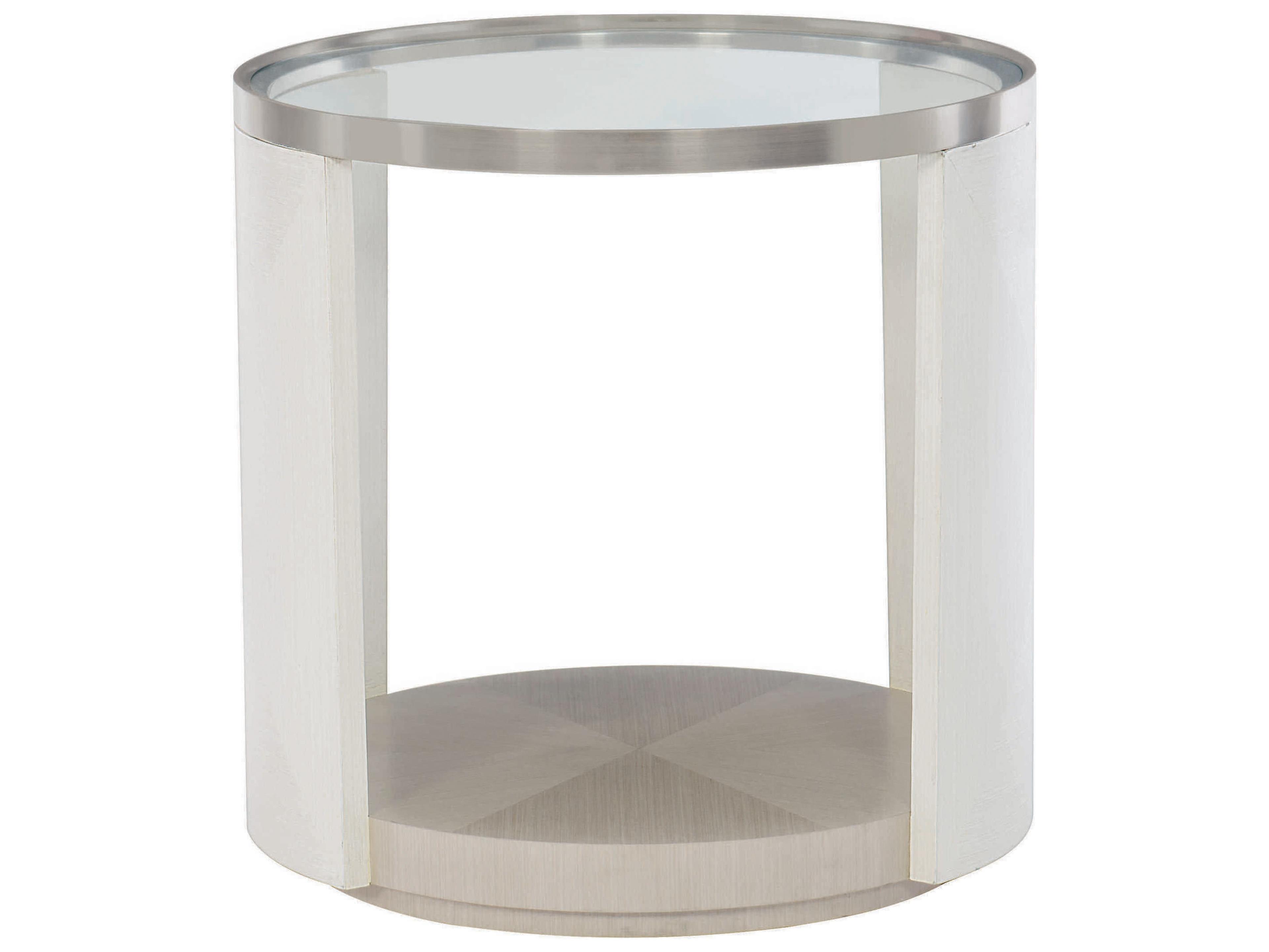 Bernhardt Axiom Round Glass Linear Gray White Brushed Silver Chairside Table
