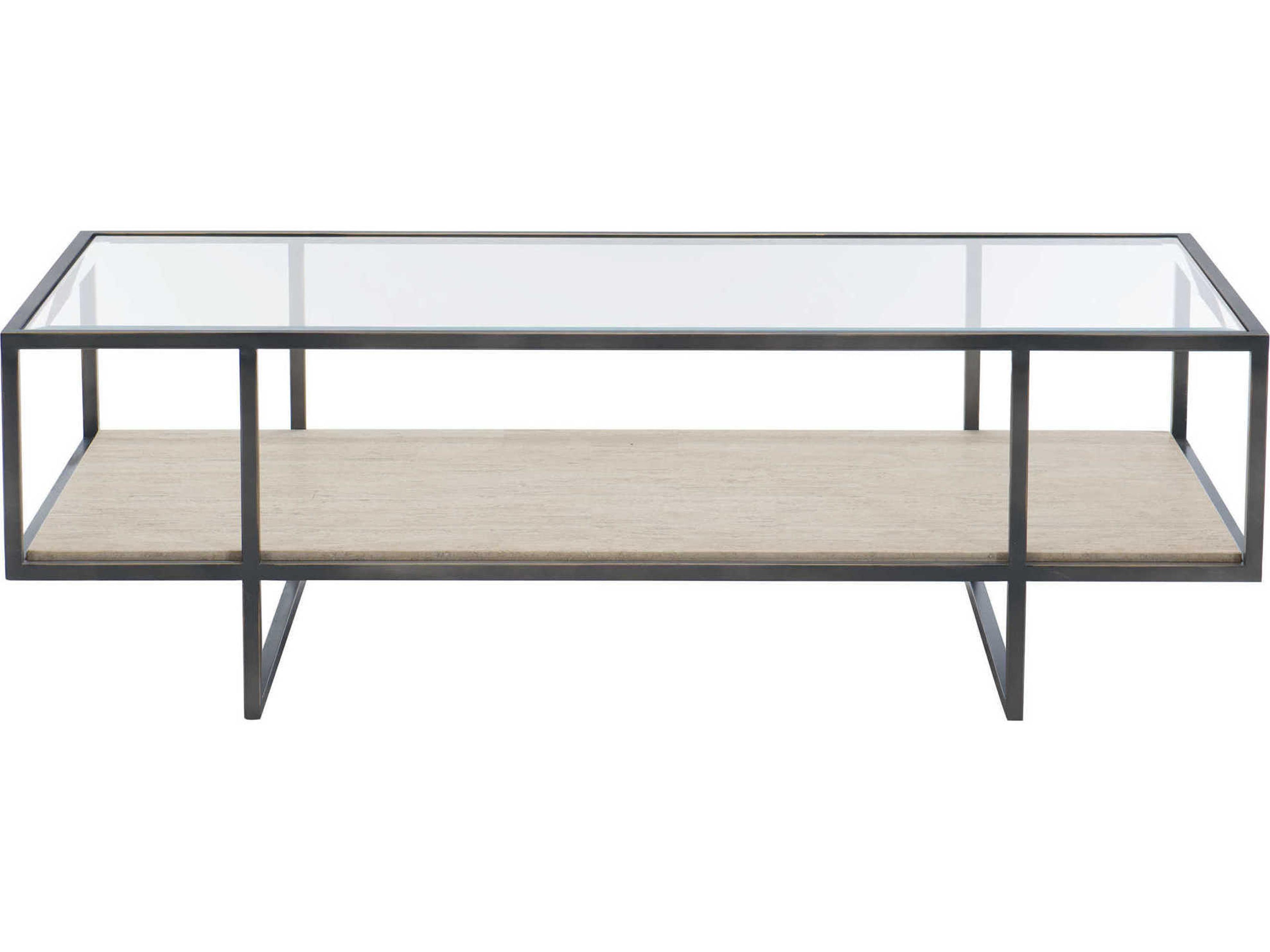 Bernhardt Freestanding Occasional Harlow Rectangular Glass Bronze White Travertine Stone Clear Cocktail Table