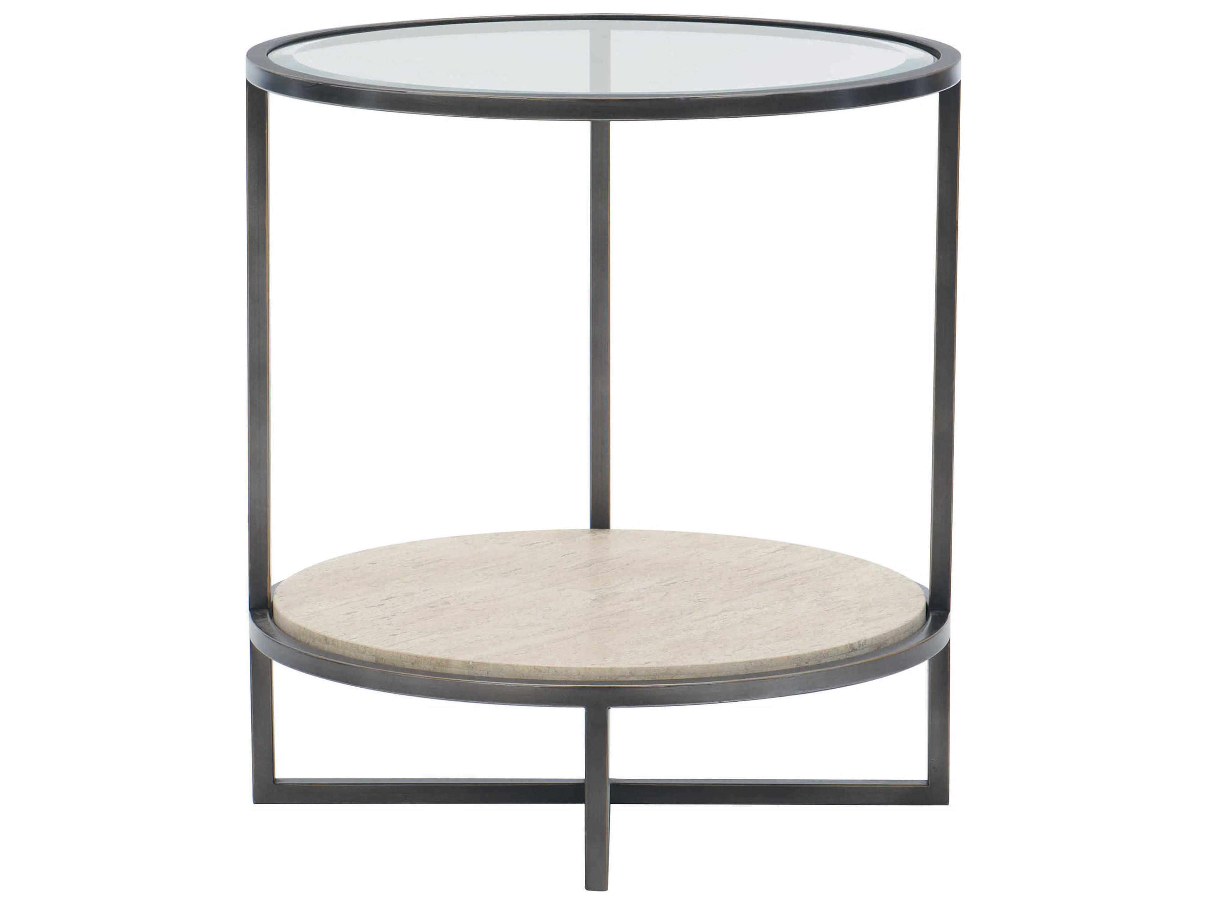 Bernhardt Freestanding Occasional Harlow Round Glass Bronze White Travertine Stone Clear Chairside Table