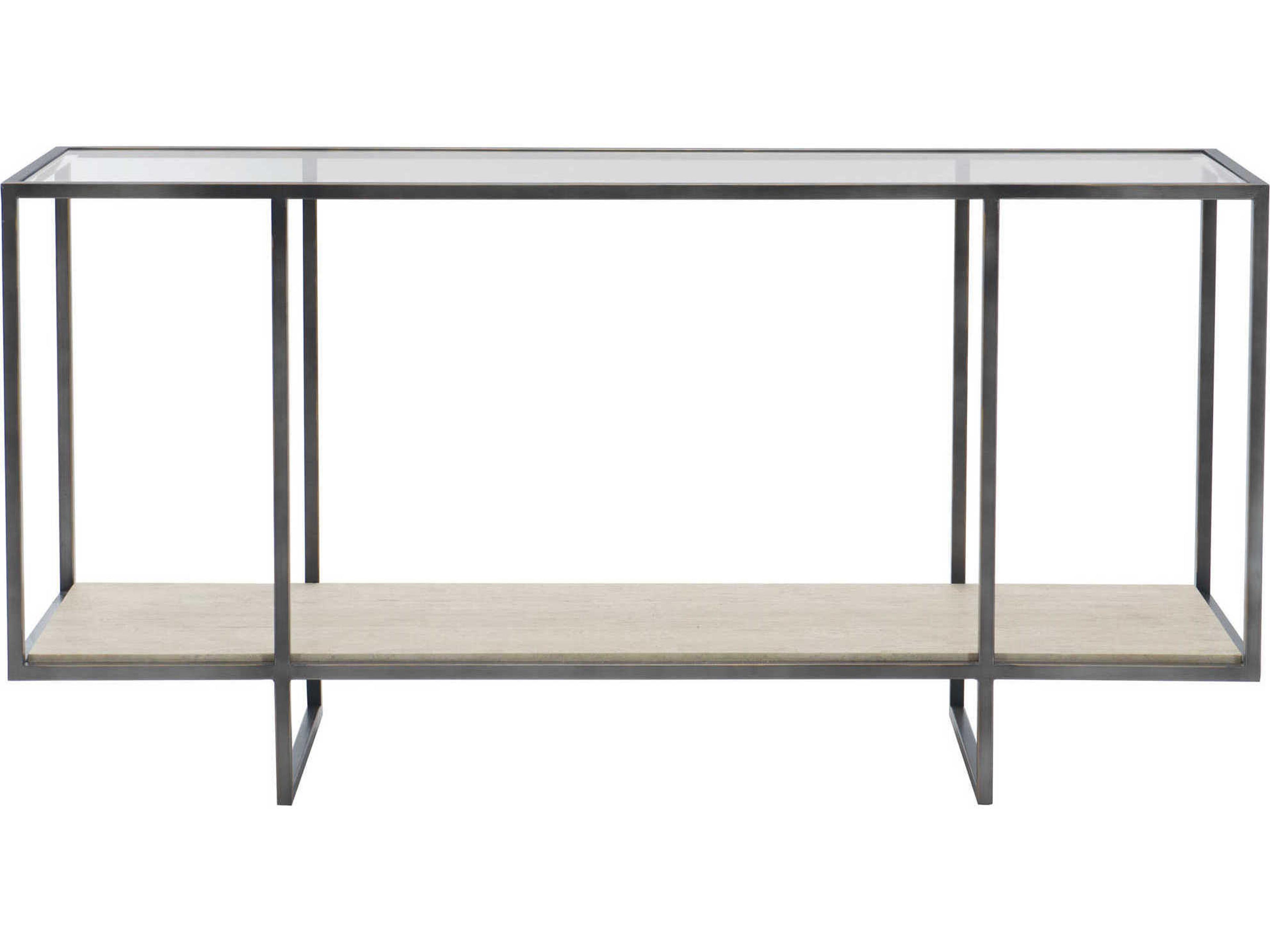 Bernhardt Freestanding Occasional Harlow Rectangular Glass Bronze White Travertine Stone Clear Console Table