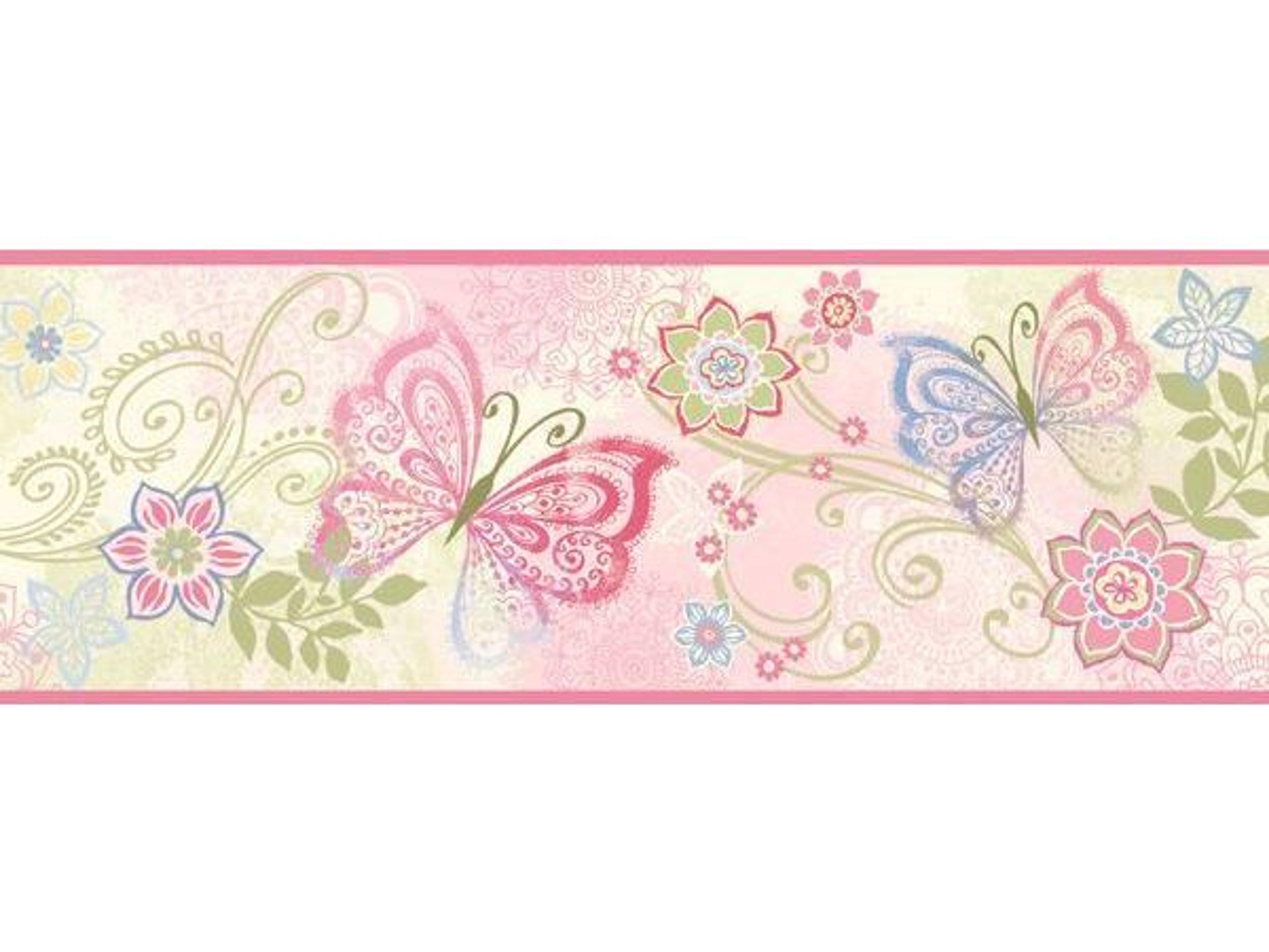 Brewster Home Fashions Chesapeake Fantasia Pink Boho Butterflies Scroll Border