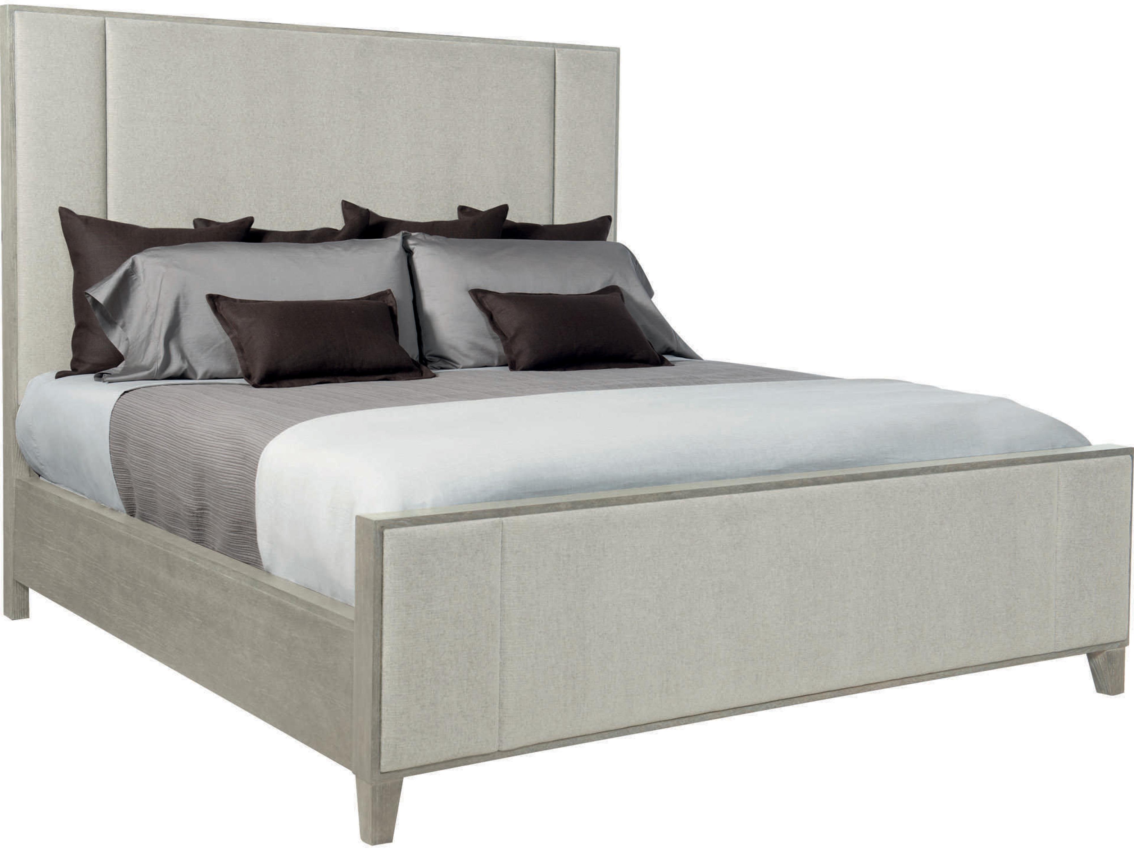 Bernhardt Linea Cerused Greige Beige Oak Wood Upholstered King Panel Bed