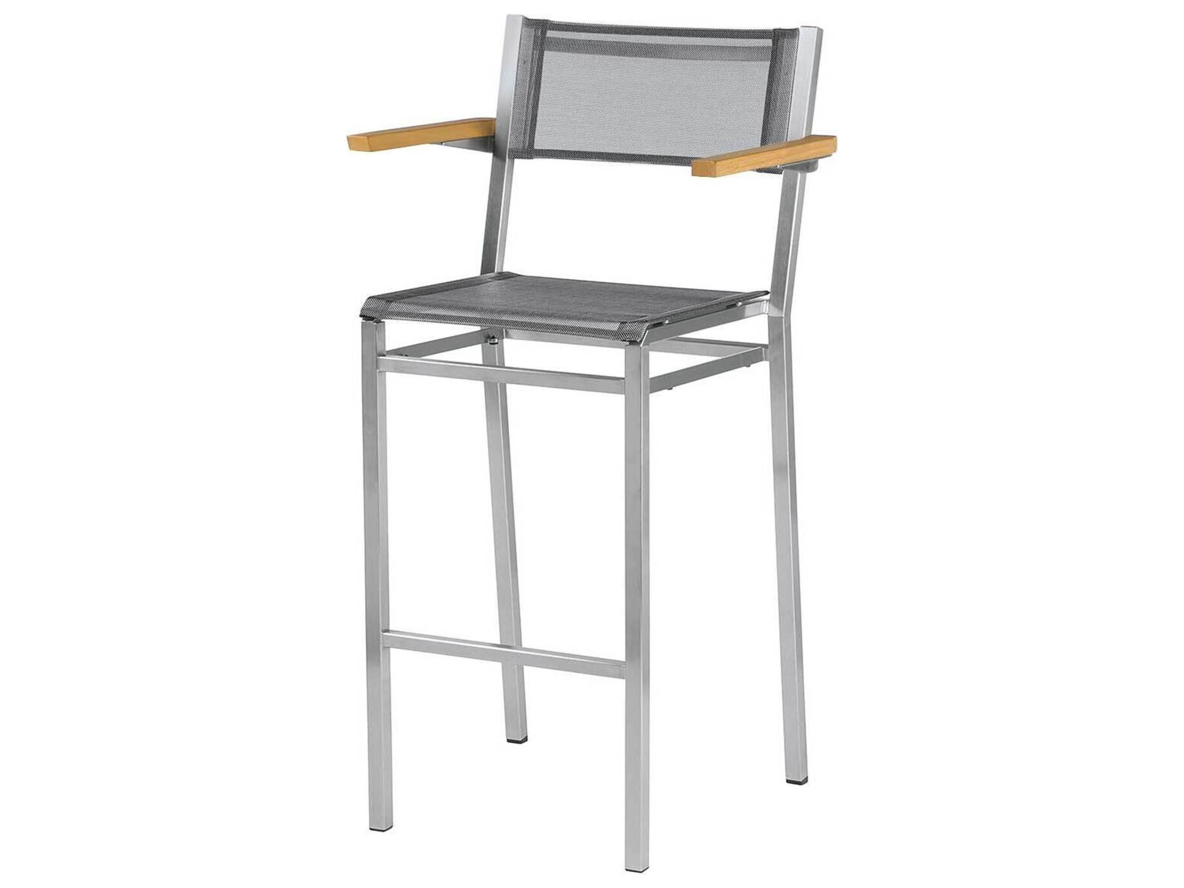 Barlow Tyrie Equinox Bar Stool - Natural Teak Arms - Platinum Textilene Sling