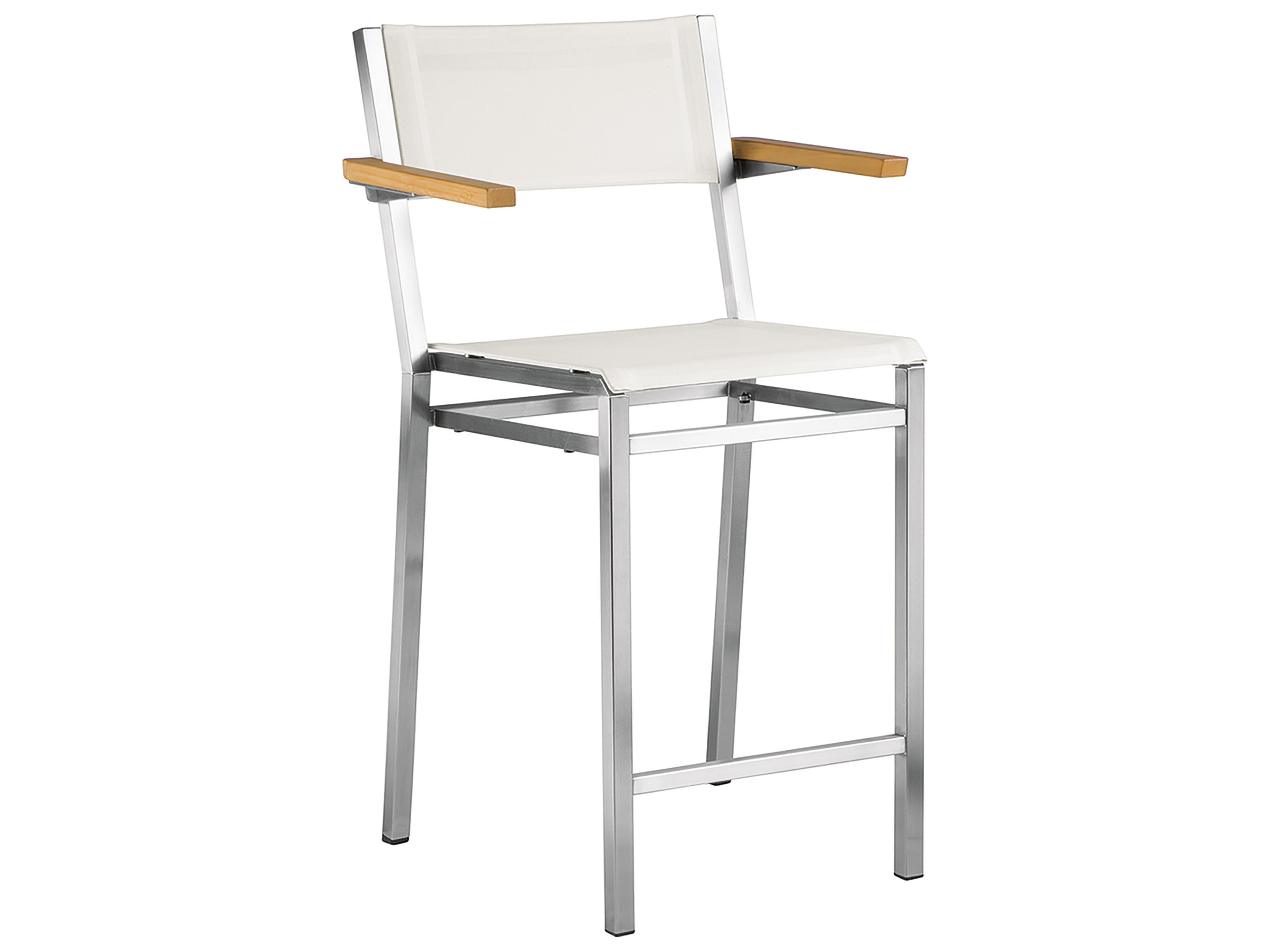 Barlow Tyrie Equinox Counter Stool - Natural Teak Arms - Pearl Textilene Sling