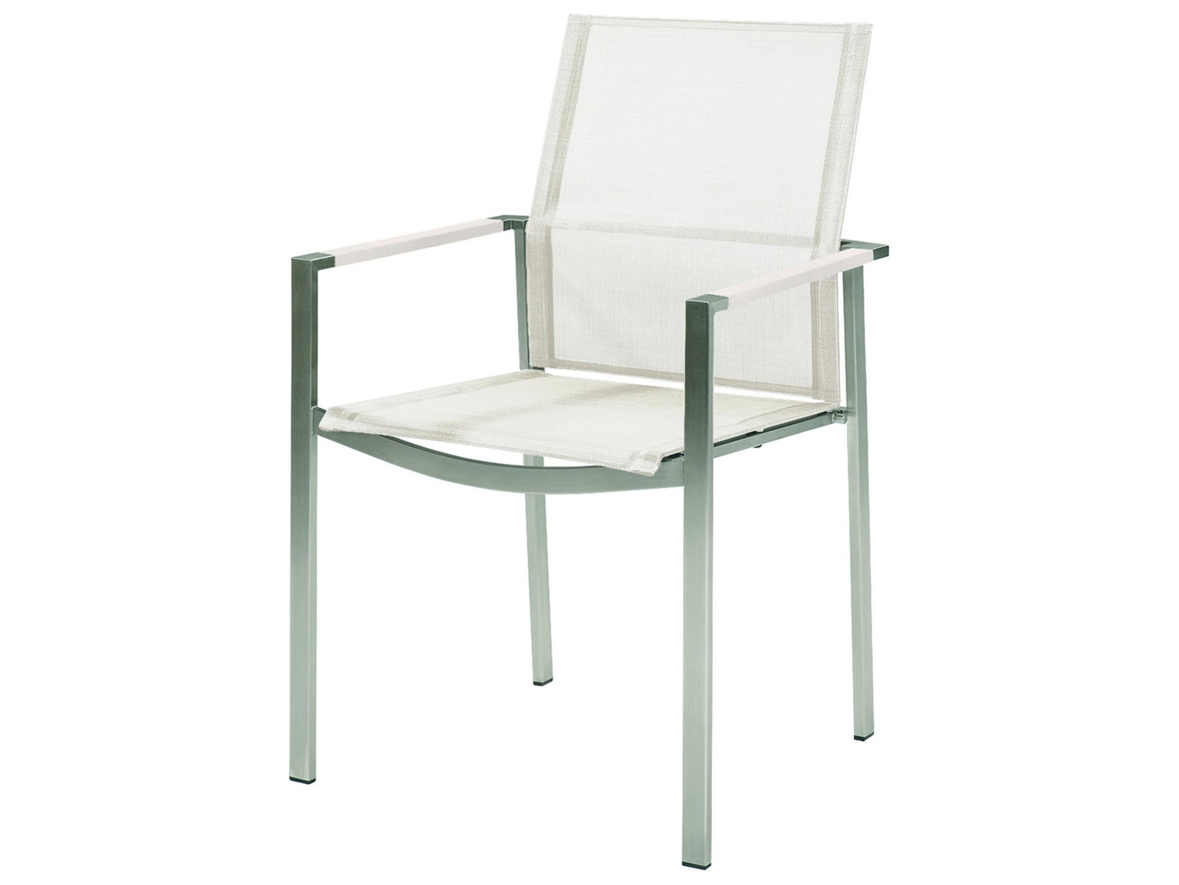 Barlow Tyrie Mercury Dining Arm Chair - Silver Stainless Steel Frame - Pearl Textilene Sling - Arctic White Powder Coated Aluminum Arms