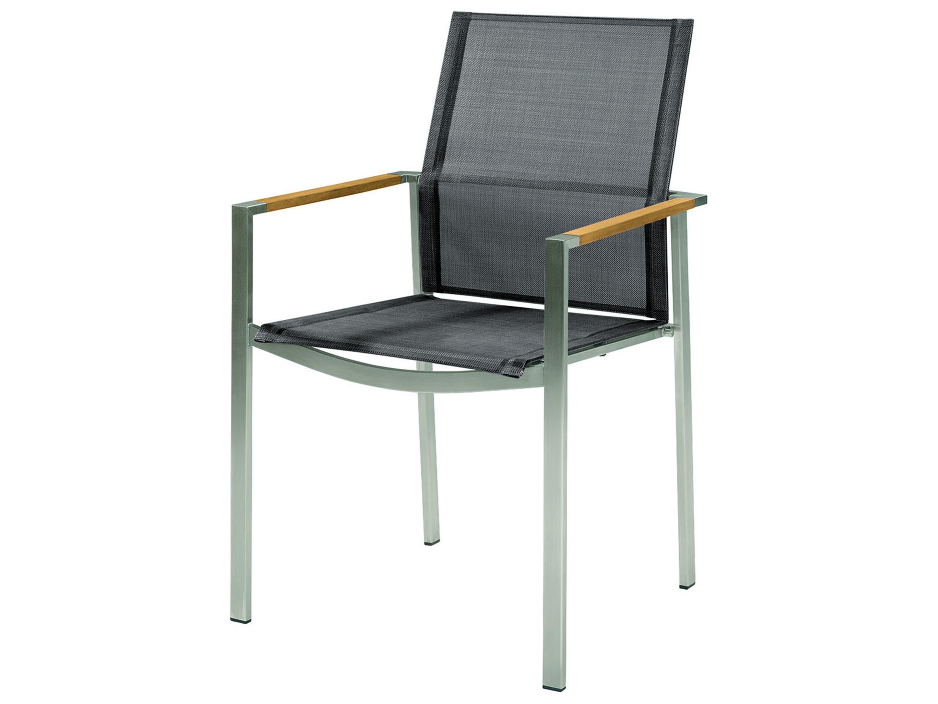 Barlow Tyrie Mercury Dining Arm Chair - Silver Stainless Steel Frame - Platinum Textilene Sling - Natural Teak Arms